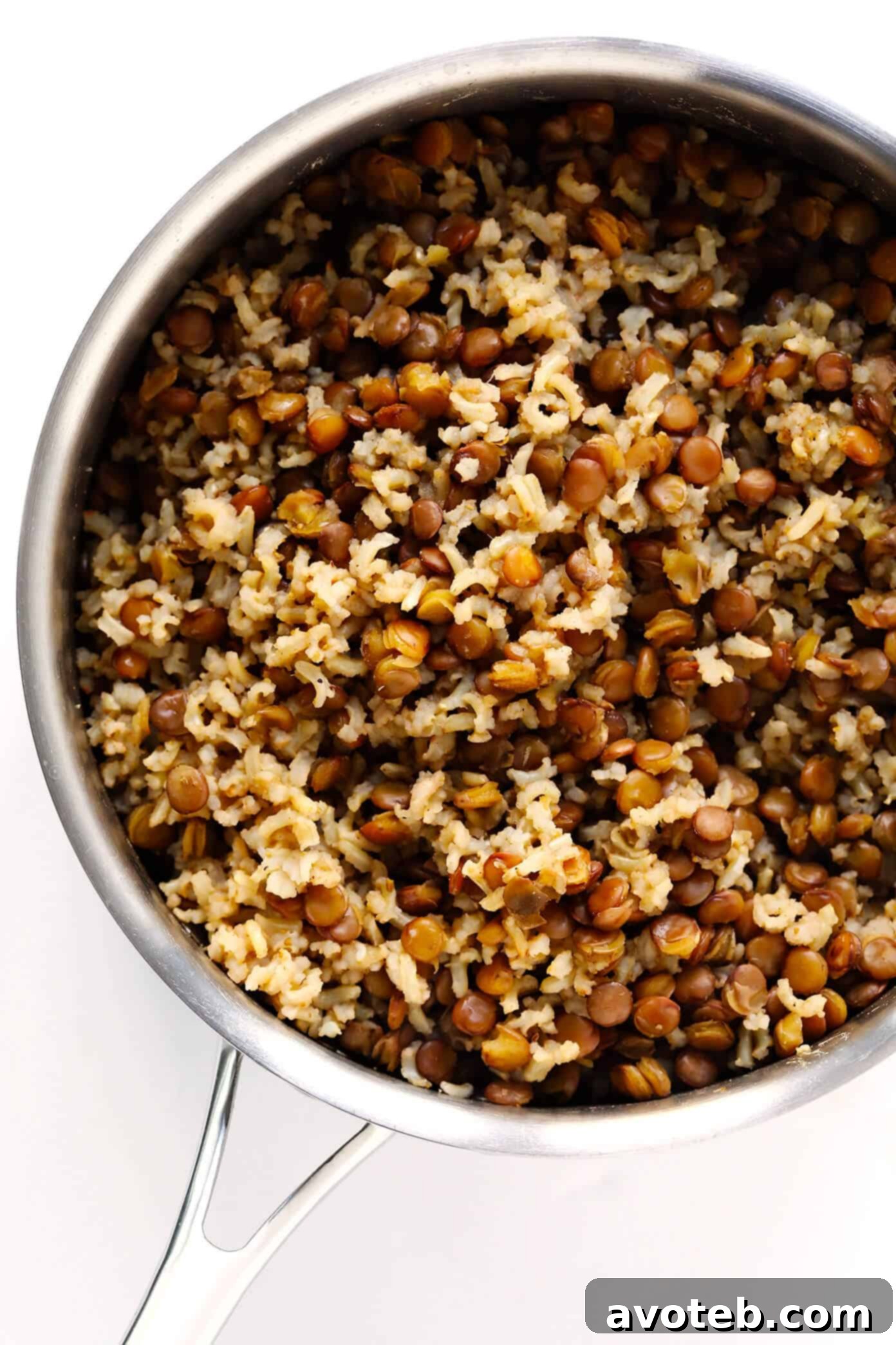 Wholesome Brown Rice Mujadara 4 Ingredients for Mujadara laid out on a wooden cutting board, including lentils, rice, onions, and spices.