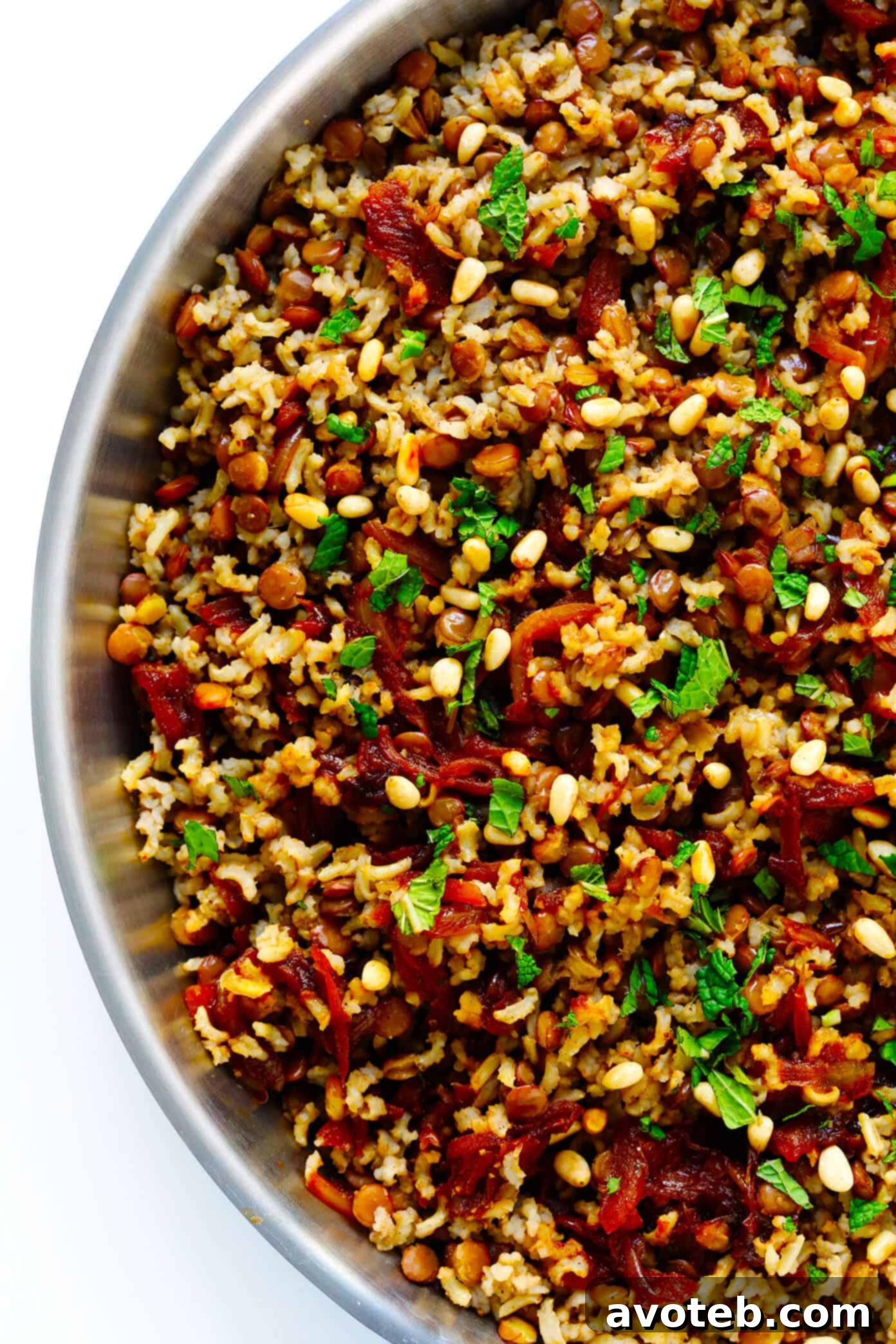 Wholesome Brown Rice Mujadara 6 A vibrant bowl of Mujadara topped with fresh mint, lemon wedges, and crispy onions.