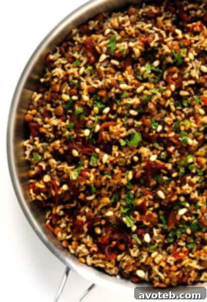 Brown Rice Mujadara with caramelized onions, fresh mint, and lemon.