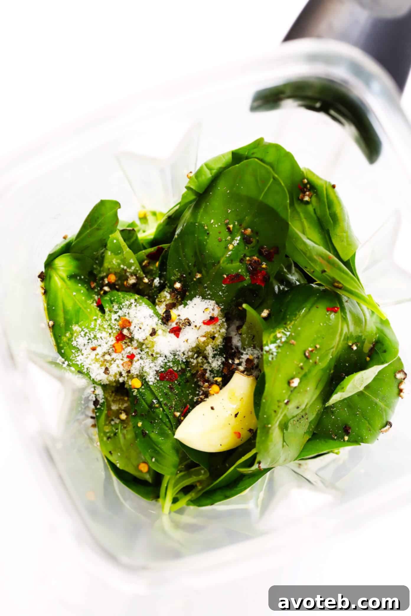 Basil Vinaigrette Ingredients in Blender Ready to Mix