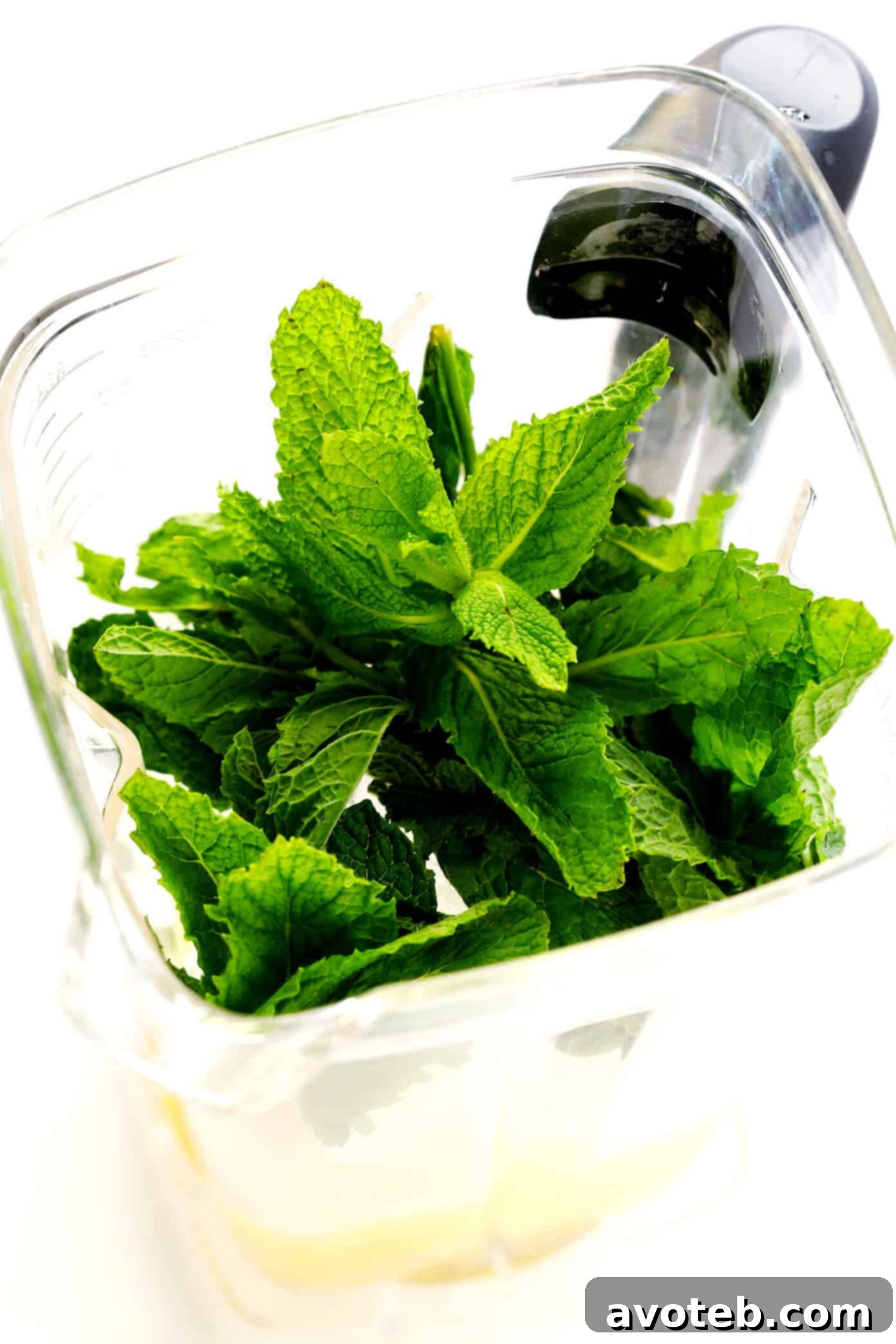 A close-up shot of the fresh ingredients for a Frozen Mojito, including mint leaves, limes, and a bottle of rum.