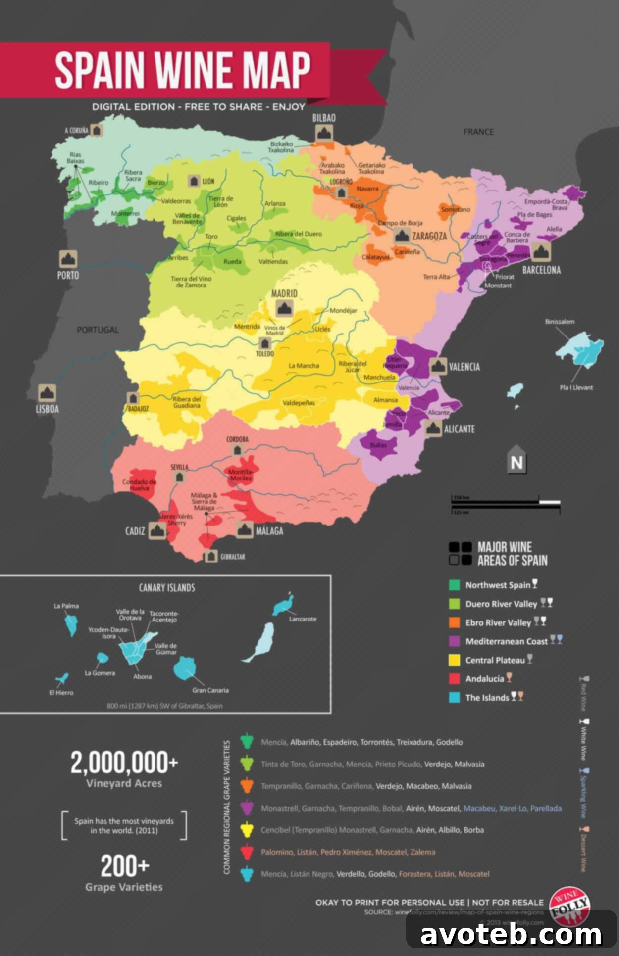Spain Wine Map illustrating the various Spanish D.O. wine regions