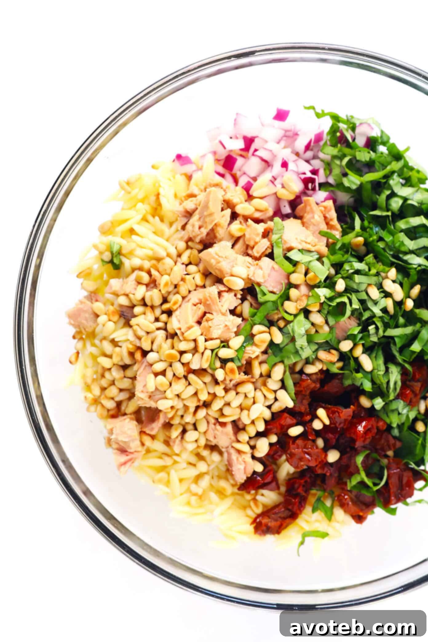 Close-up of fresh ingredients for Italian Orzo Tuna Salad