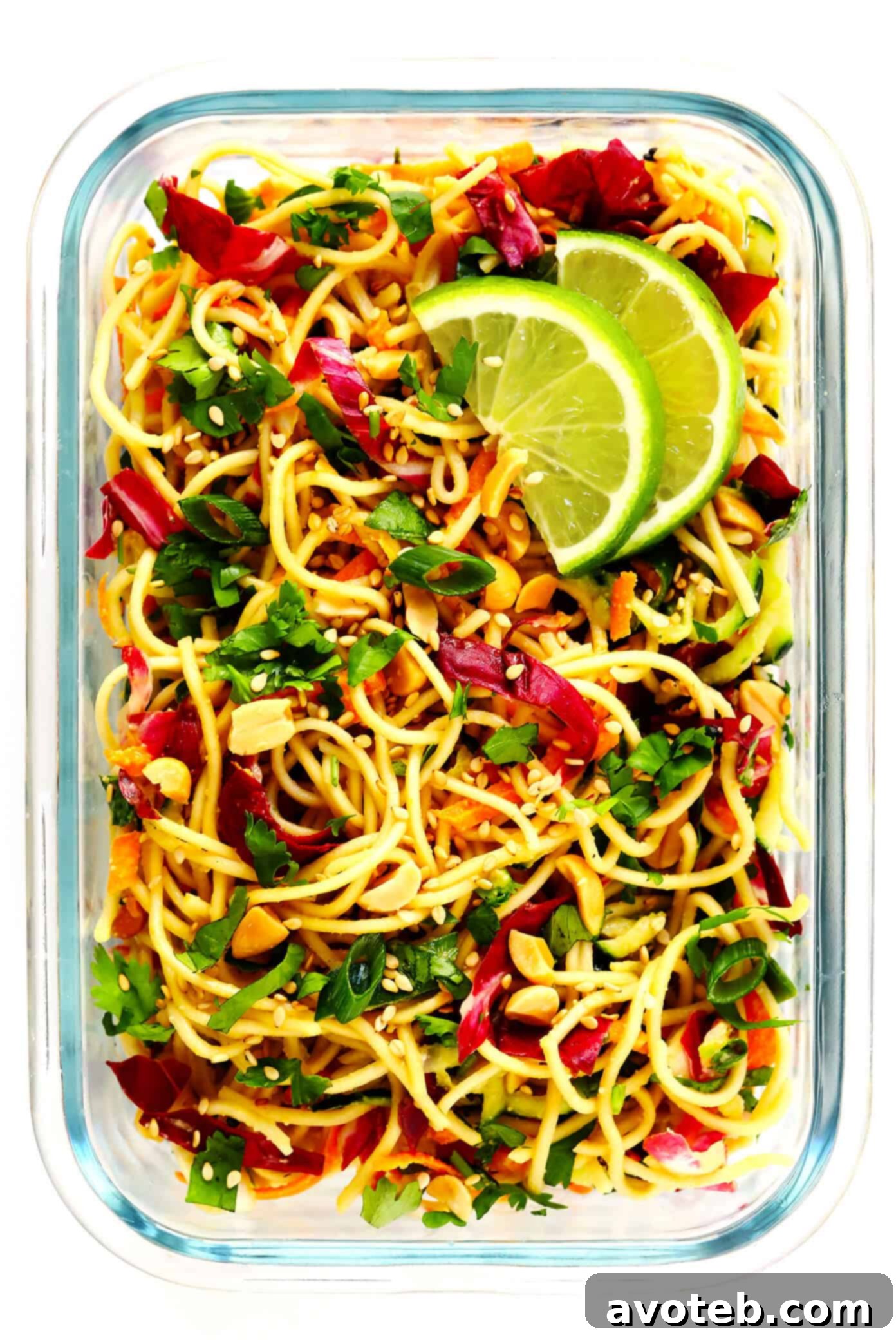 Cold Sesame Peanut Noodles packed in a glass meal prep container, ready for the week