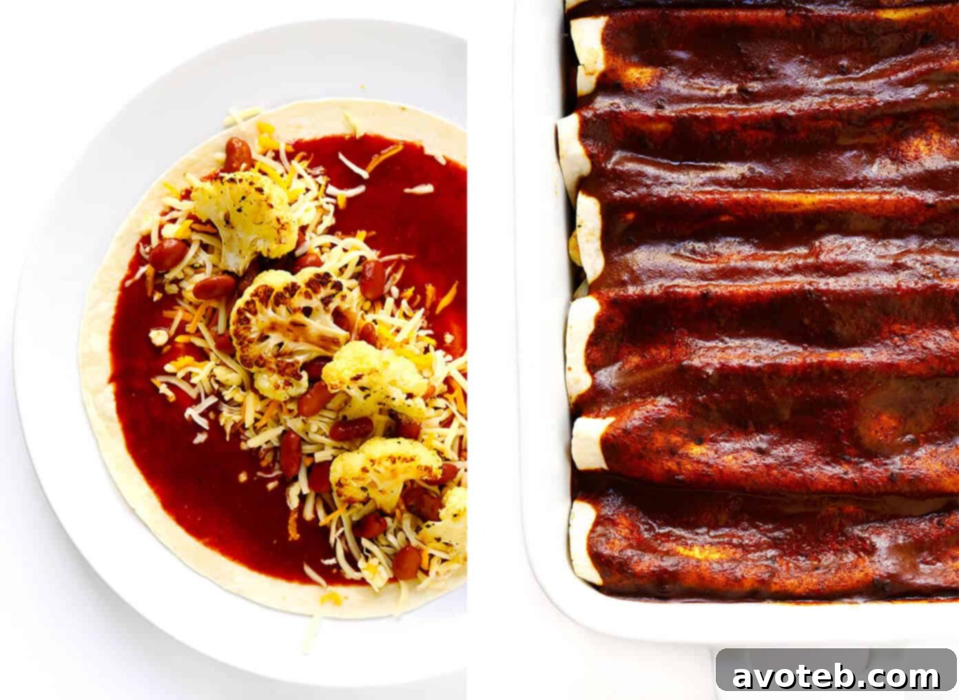 Step-by-step assembly of Vegetarian Roasted Cauliflower Enchiladas showing tortillas, filling, and rolling technique.