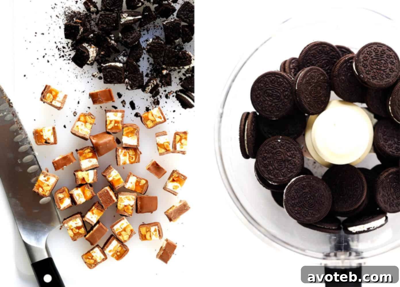 Close-up of chopped Snickers and Oreos