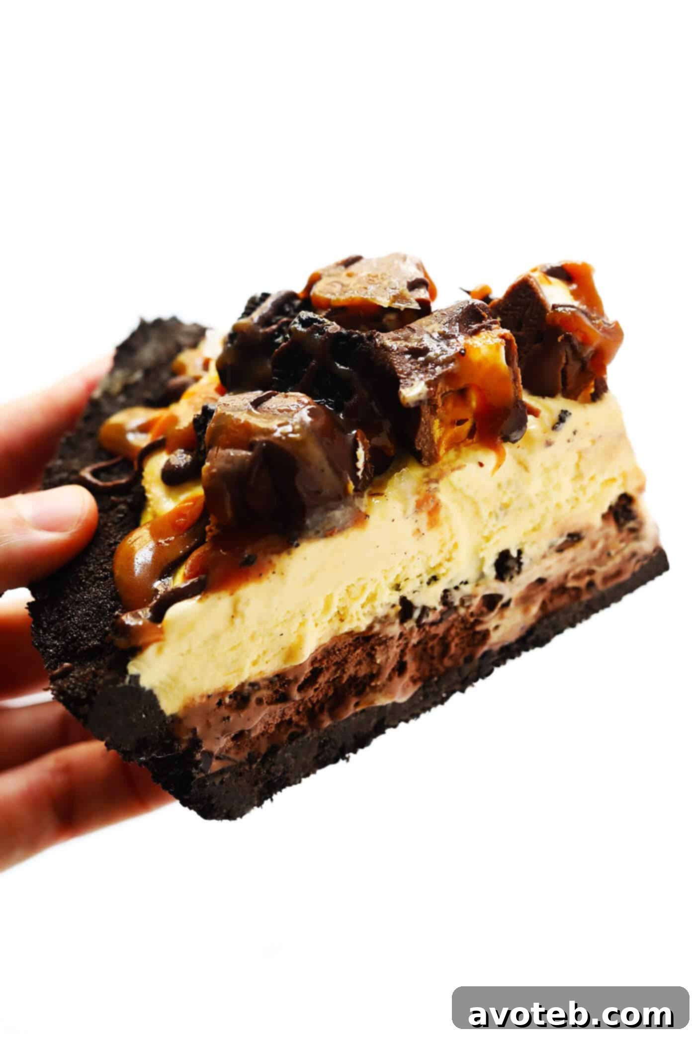 Snickers Ice Cream Pie slice on a plate