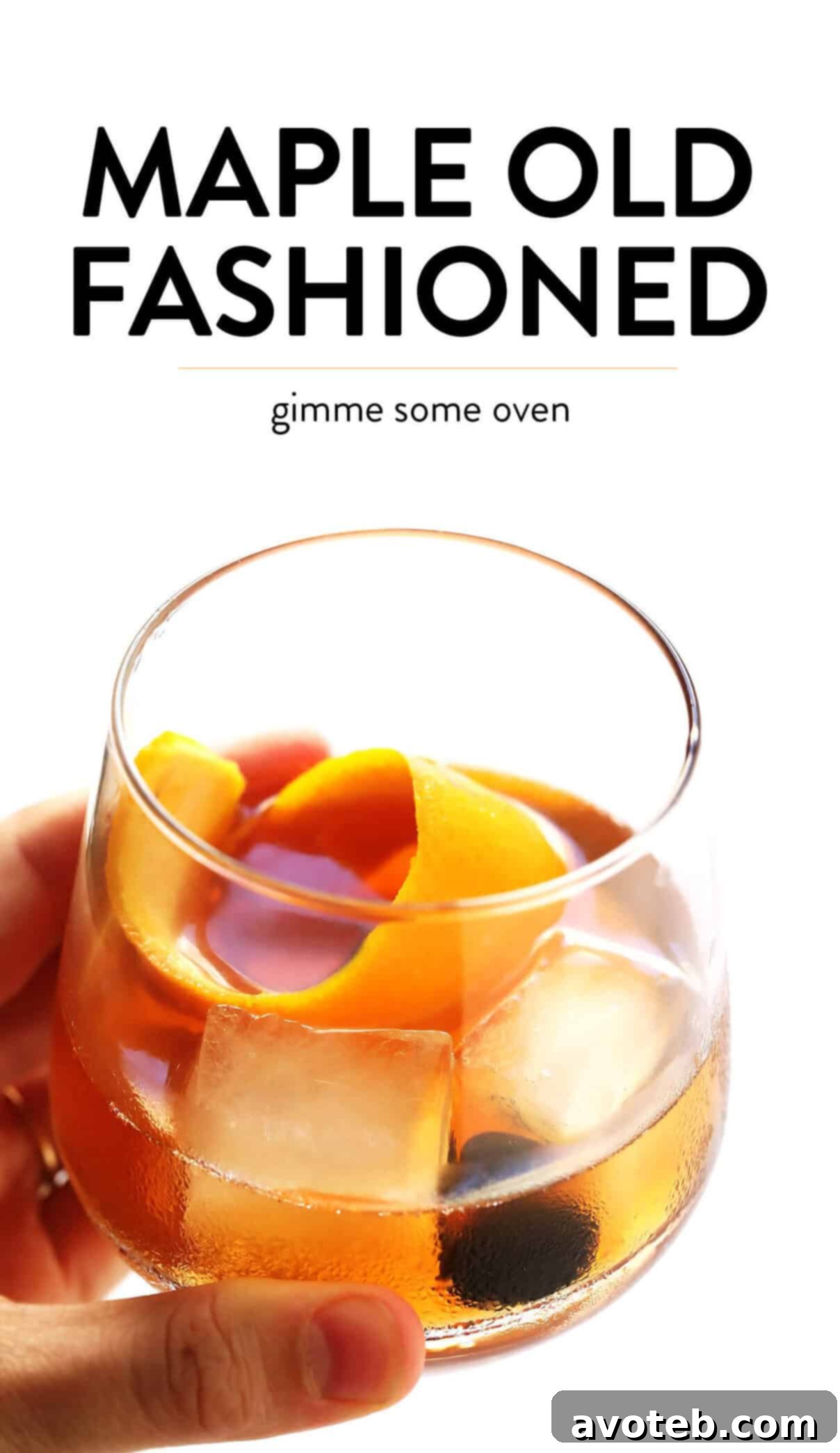 Maple Old Fashioned Cocktail - A close up of the finished drink in a rocks glass, ready to be enjoyed.