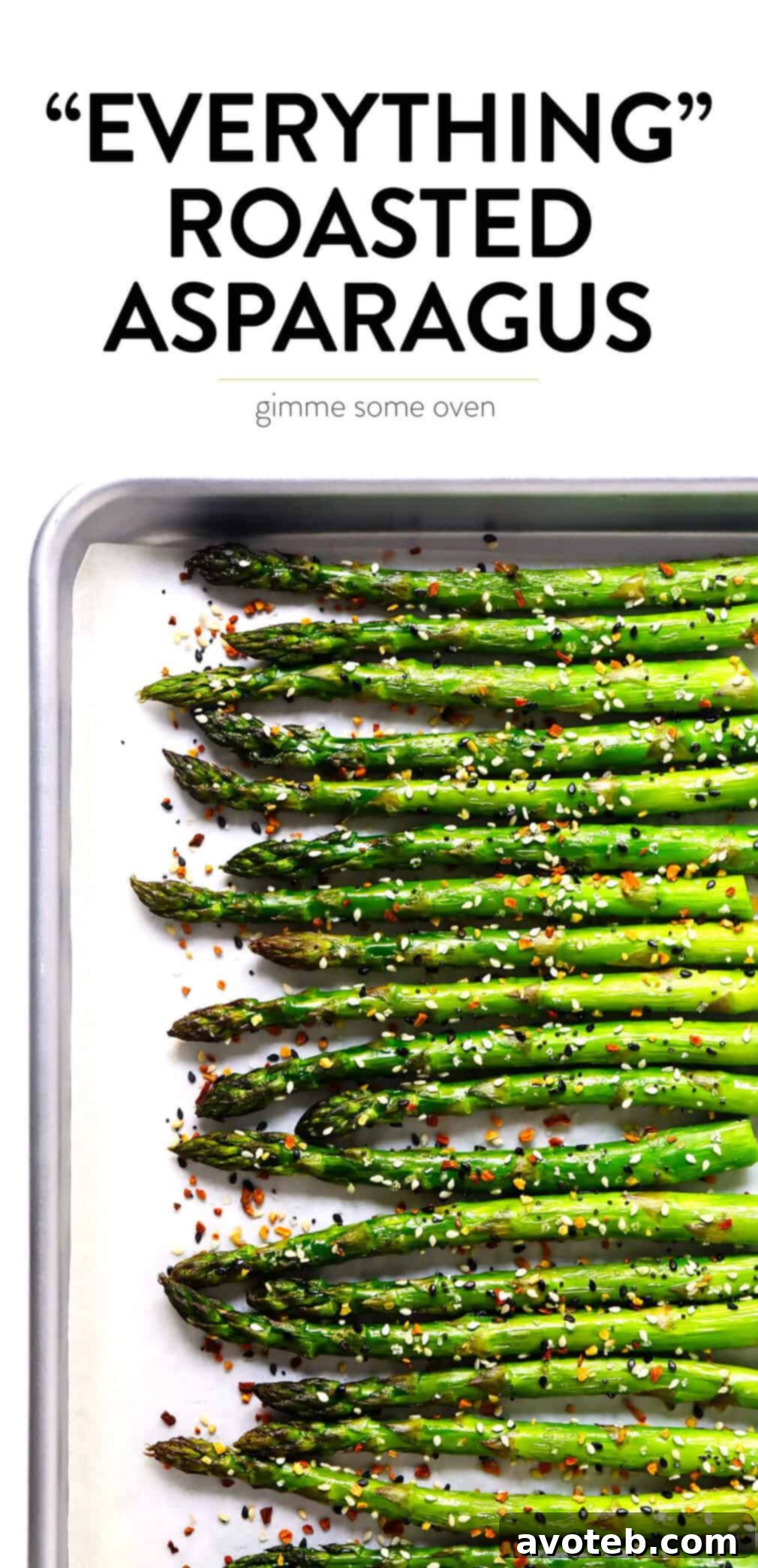 Kick your roasted asparagus recipe up a notch this season with some everything bagel seasoning! It's super quick and easy to make, naturally vegan and gluten-free, and makes the most delicious healthy side dish. | Gimme Some Oven #asparagus #side #vegetable #healthy #dinner #thanksgiving #christmas #holiday #fall #winter "Everything" Roasted Asparagus | Gimme Some Oven - a delicious healthy side dish with a unique flavor twist.