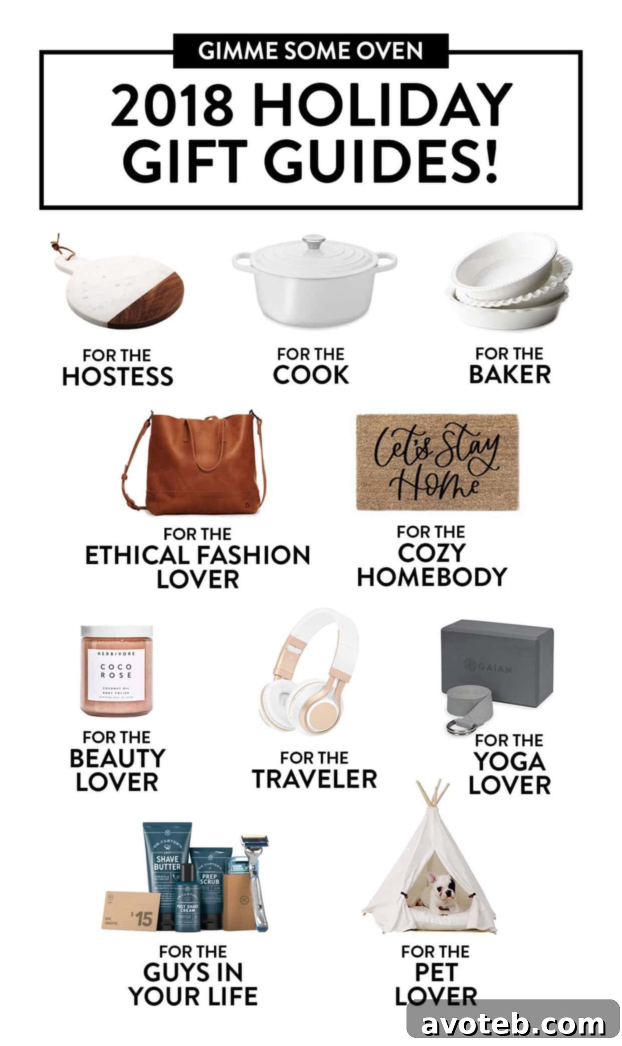 Our comprehensive 2018 Holiday Gift Guides featuring gift ideas for the hostess, cook, baker, ethical fashion lover, cozy homebody, beauty enthusiast, traveler, yoga lover, men in your life, and pet lover. Simplify your holiday shopping with Gimme Some Oven's curated selections.