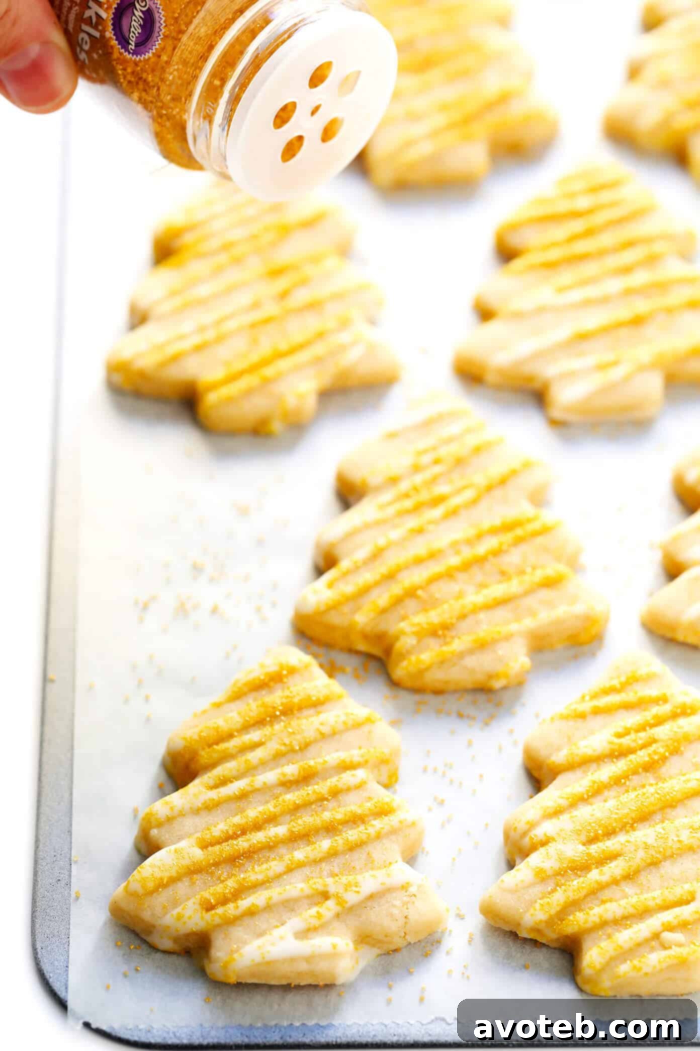 Brown Sugar Cookie Christmas Trees with Festive Gold Sprinkles