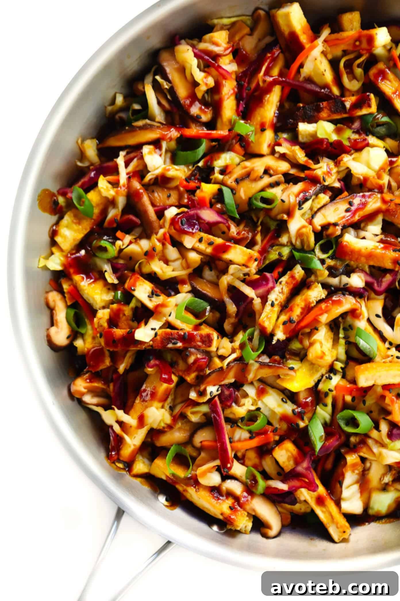 Vegetarian Moo Shu with Crispy Tofu - A colorful and hearty dish ready to be wrapped in tortillas or served over rice.