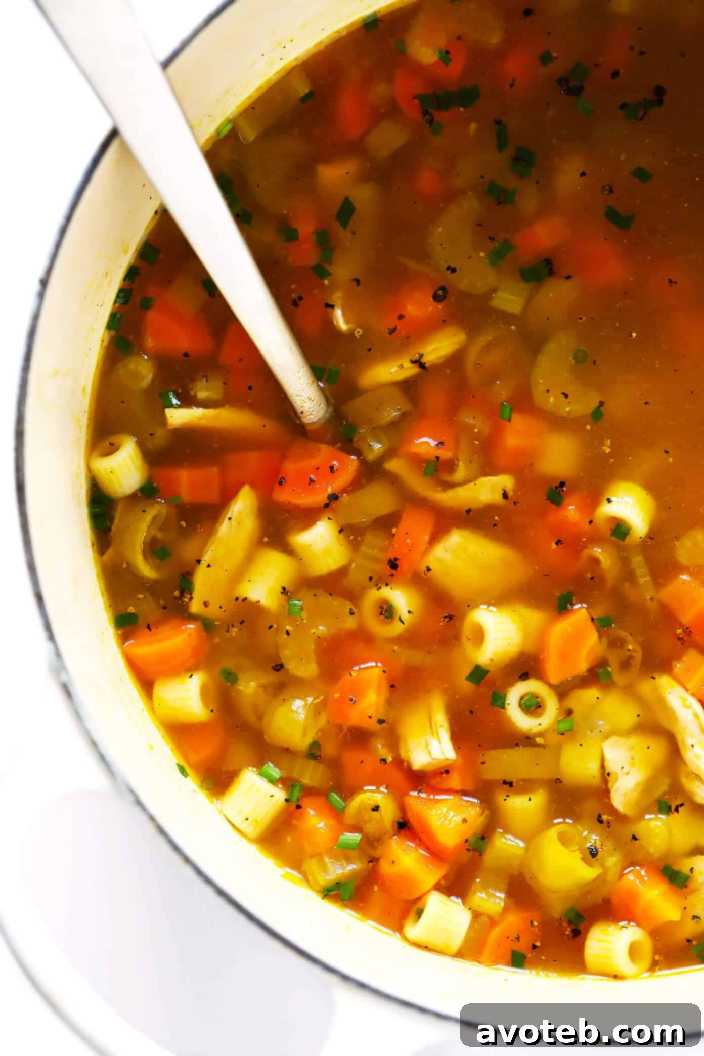 A delicious bowl of Pepperoncini Chicken Noodle Soup garnished with fresh parsley