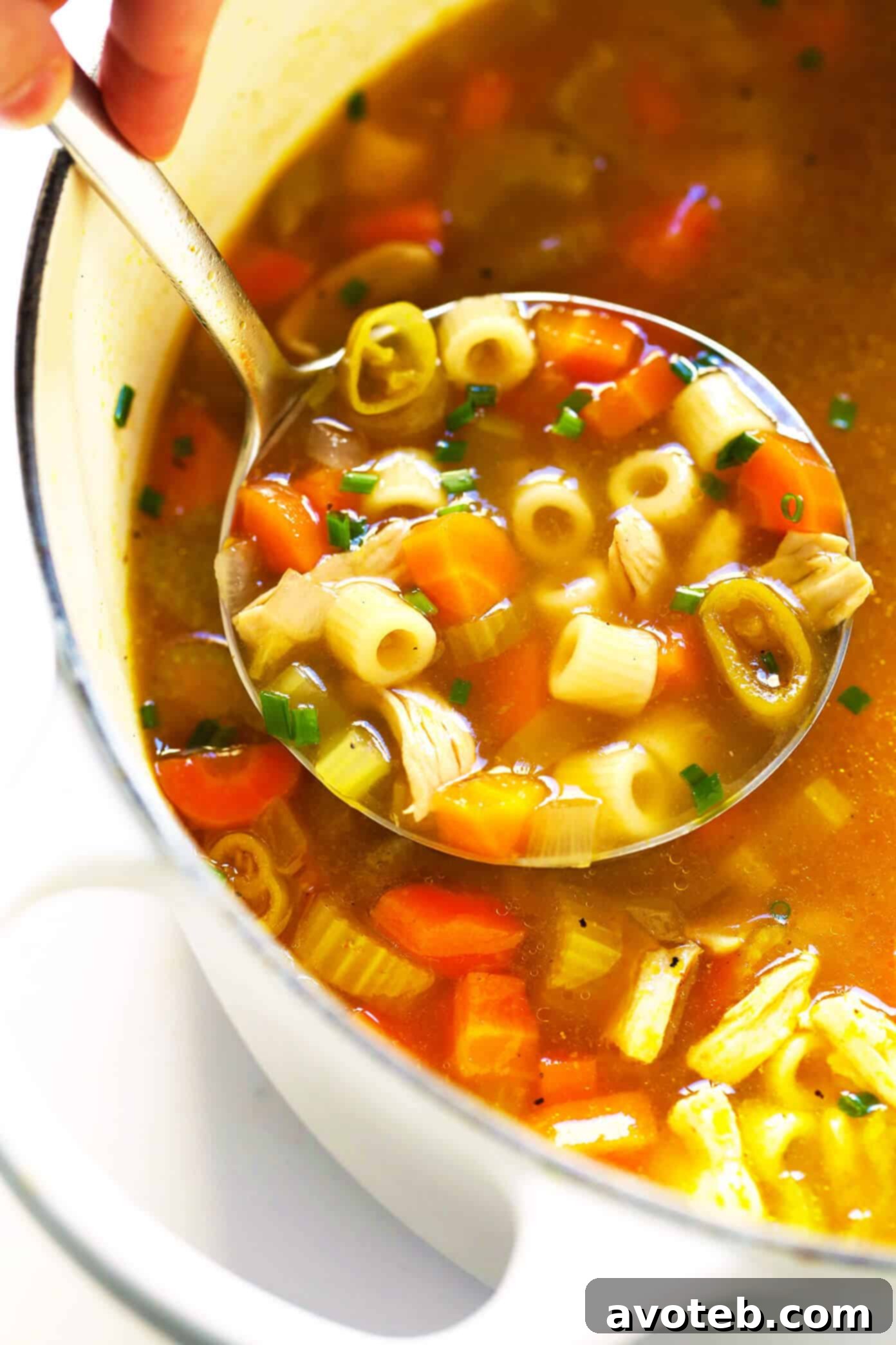 Overhead shot of Pepperoncini Chicken Noodle Soup in a rustic bowl with a spoon