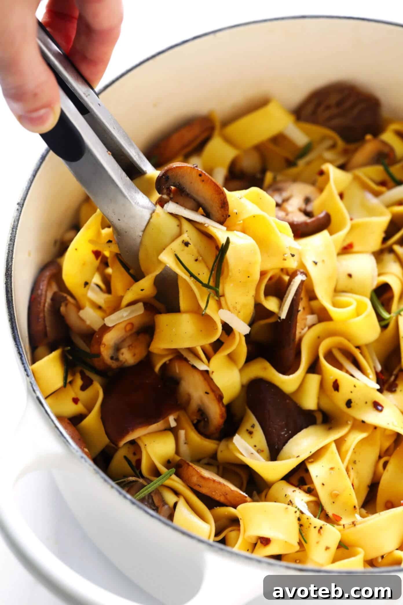 Close-up of Mushroom Lovers Pasta with Fresh Herbs