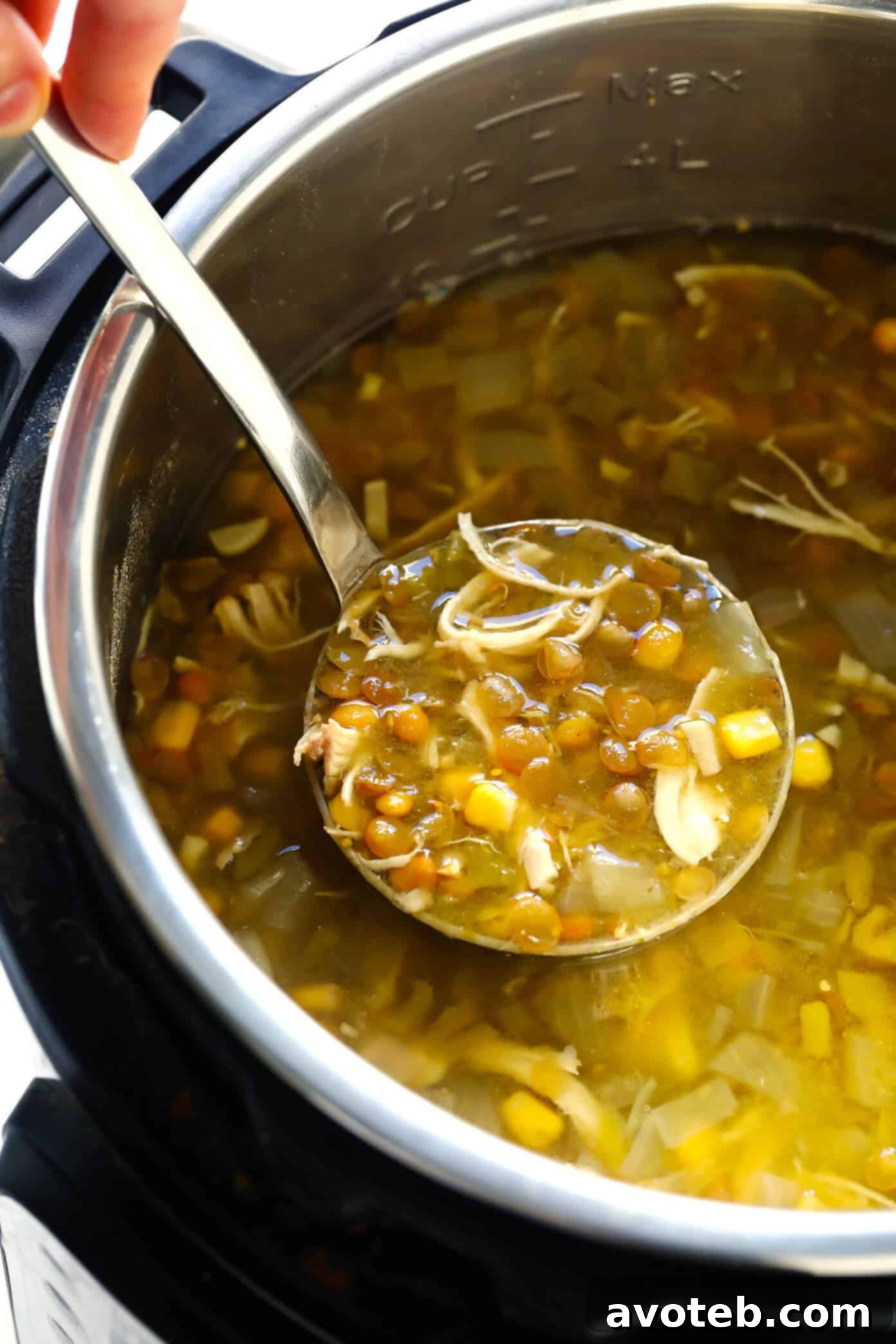 Overview of Mexican Lentil Chicken Soup in an Instant Pot, ready to serve.