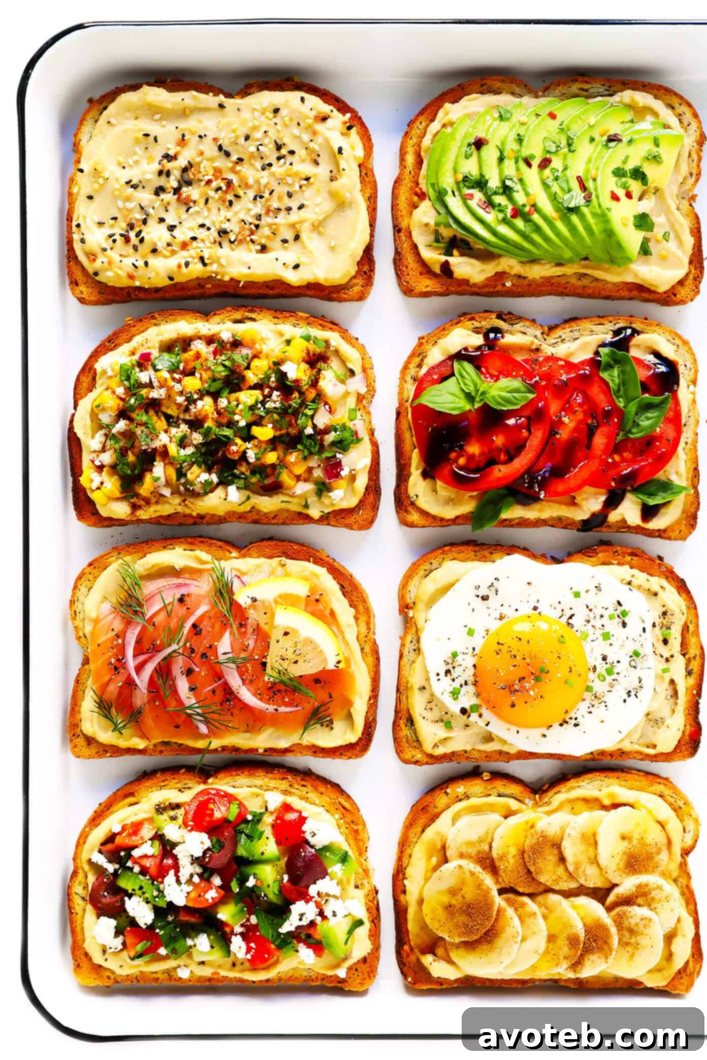 Hummus Toast with various toppings, highlighting its versatility as a healthy and delicious meal or snack option.