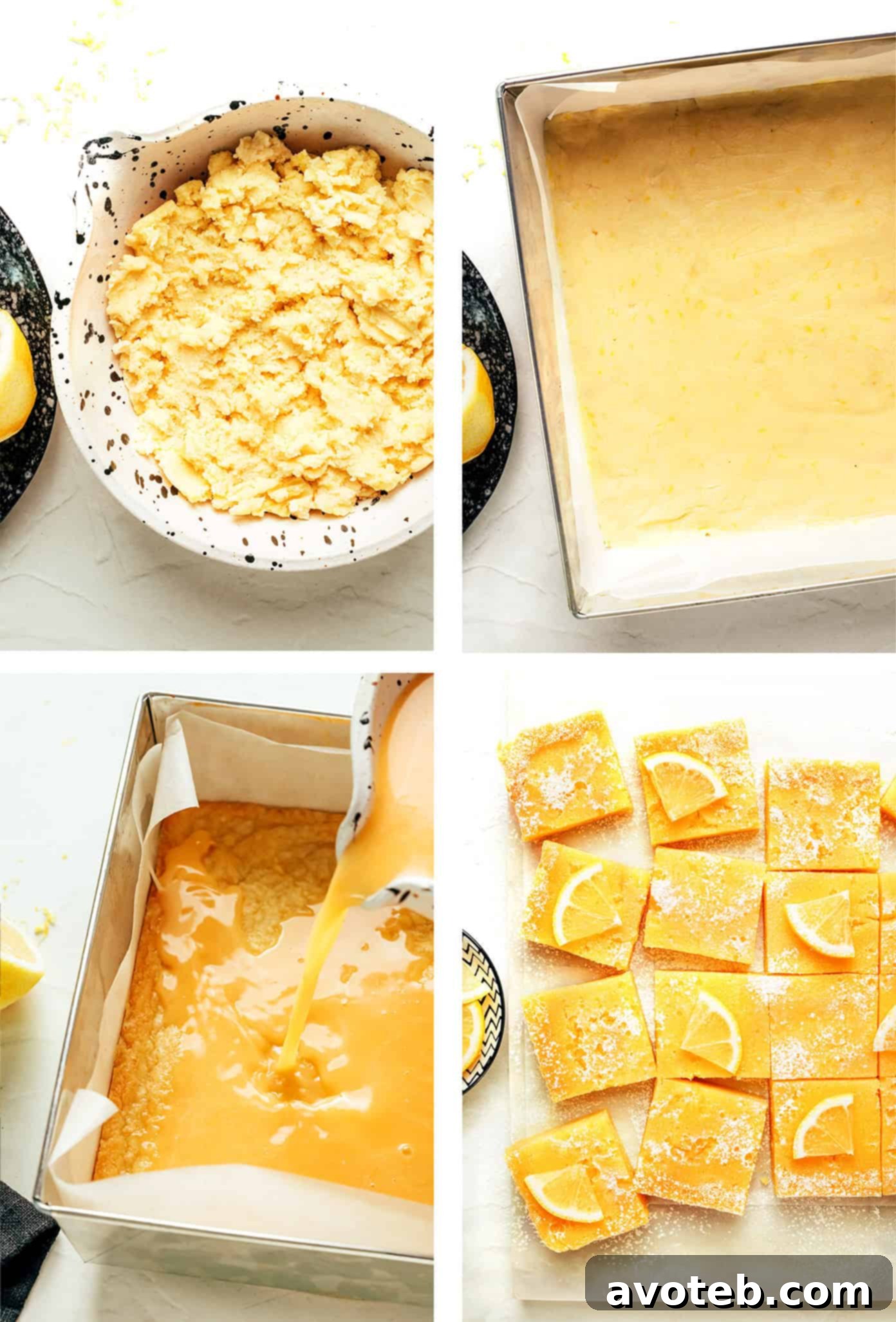 Simply Zesty Lemon Bars 4 Ingredients for lemon bars laid out on a table