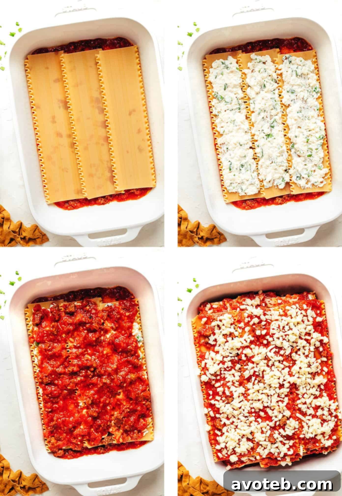 A close-up shot of the raw ingredients for lasagna: ground Italian sausage, diced onion, garlic, tomato paste, wine, herbs, and canned tomatoes.