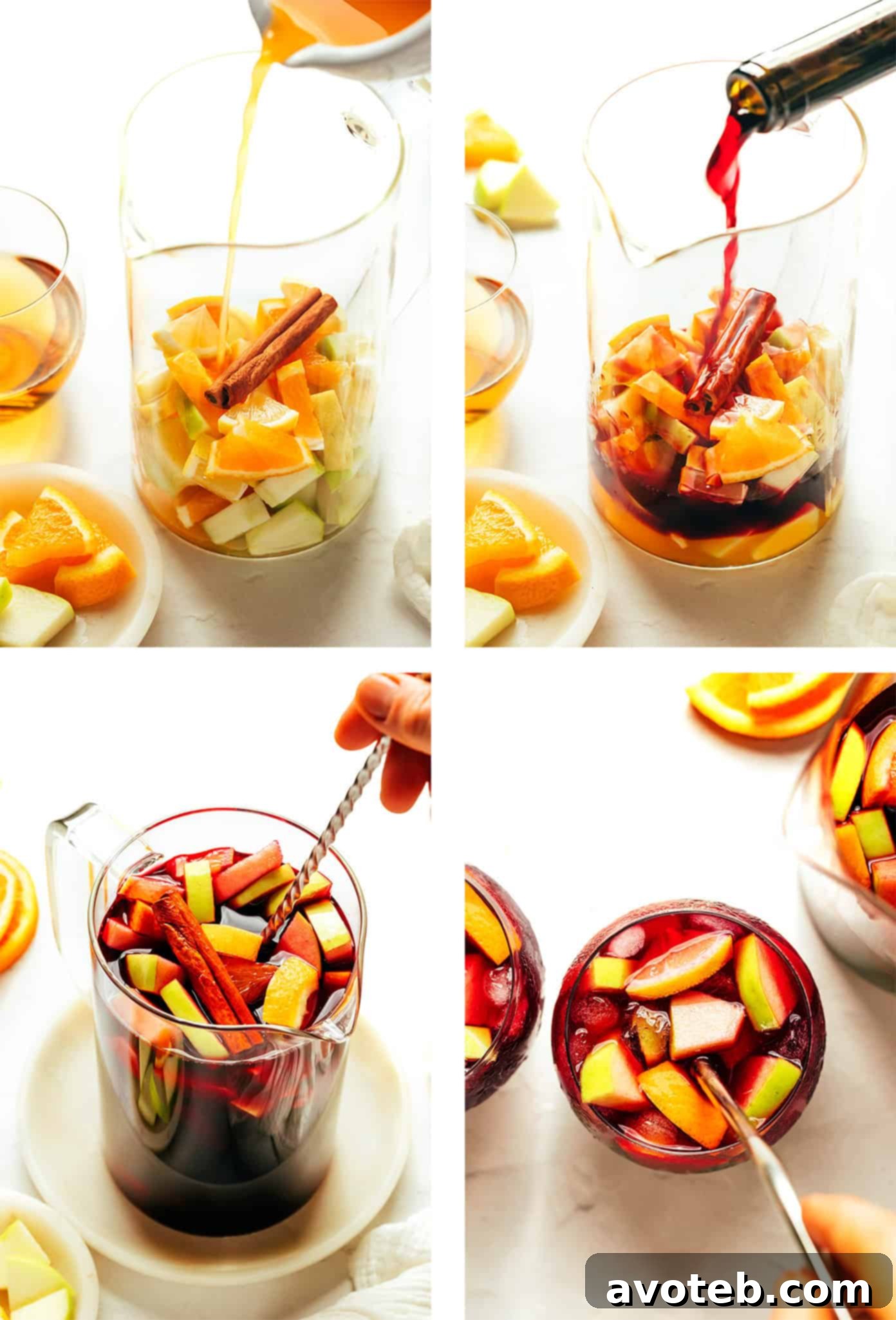 Ingredients for sangria laid out on a wooden surface: red wine bottles, brandy, oranges, lemons, green apples, and a cinnamon stick.