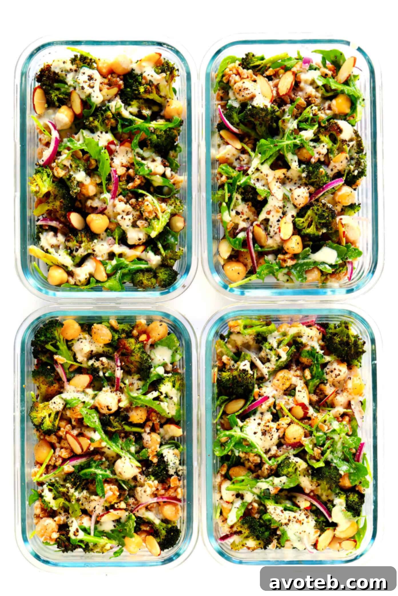 Multiple Roasted Broccoli and Farro Bowls, perfectly portioned and arranged for efficient and healthy meal preparation throughout the week.