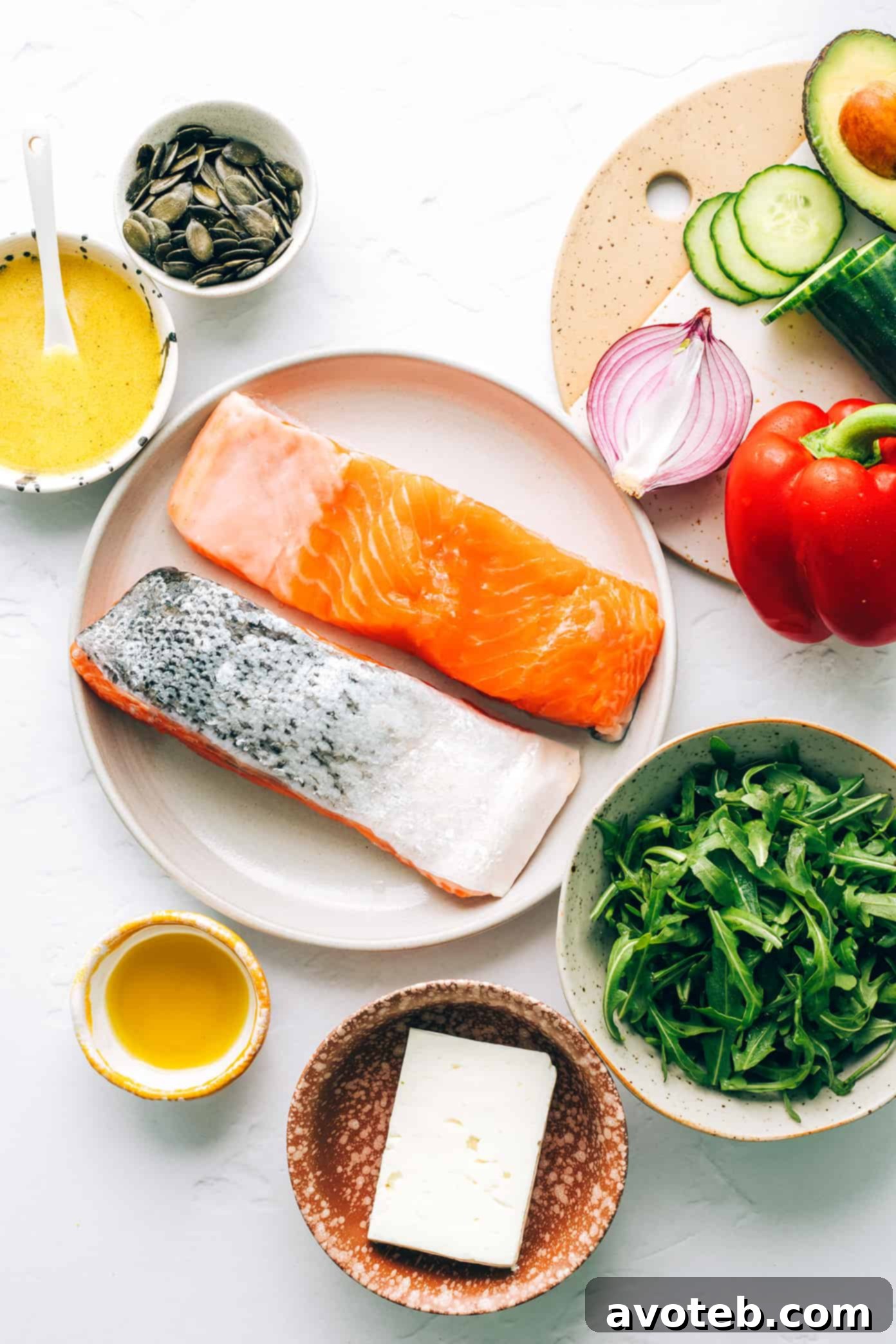 Close-up of Greek Salmon Salad Bowl with fresh ingredients