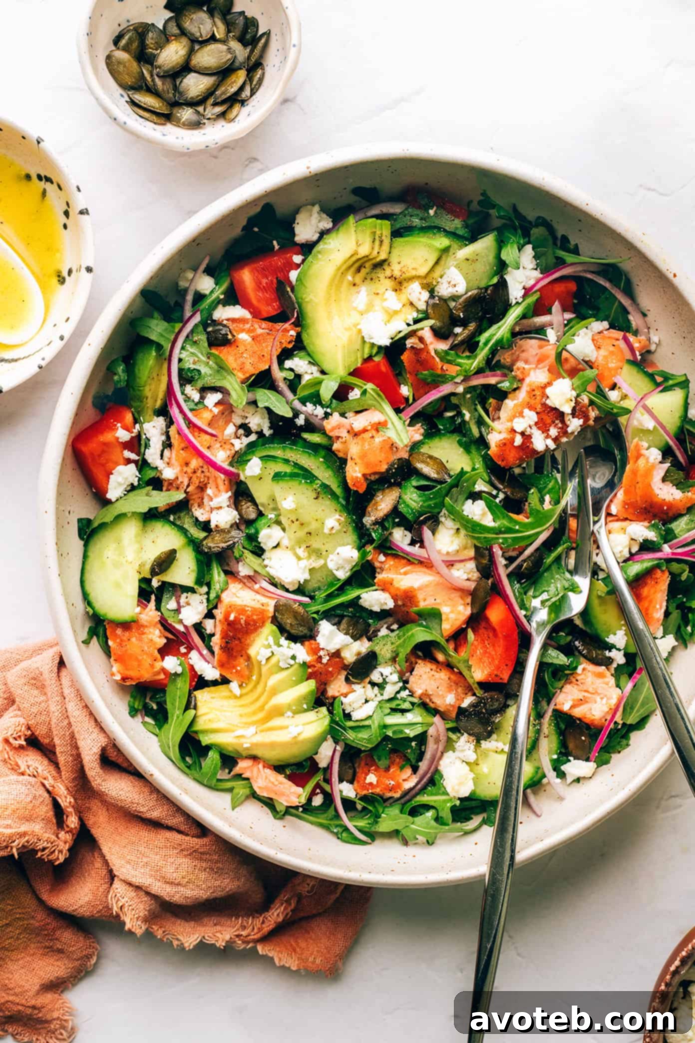 Greek Salmon Salad Bowls ready to be served