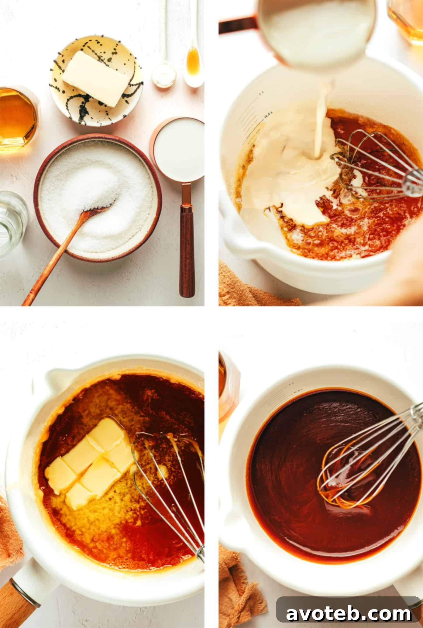 A shot showing the different stages of caramelization, from clear sugar water to deep amber caramel.