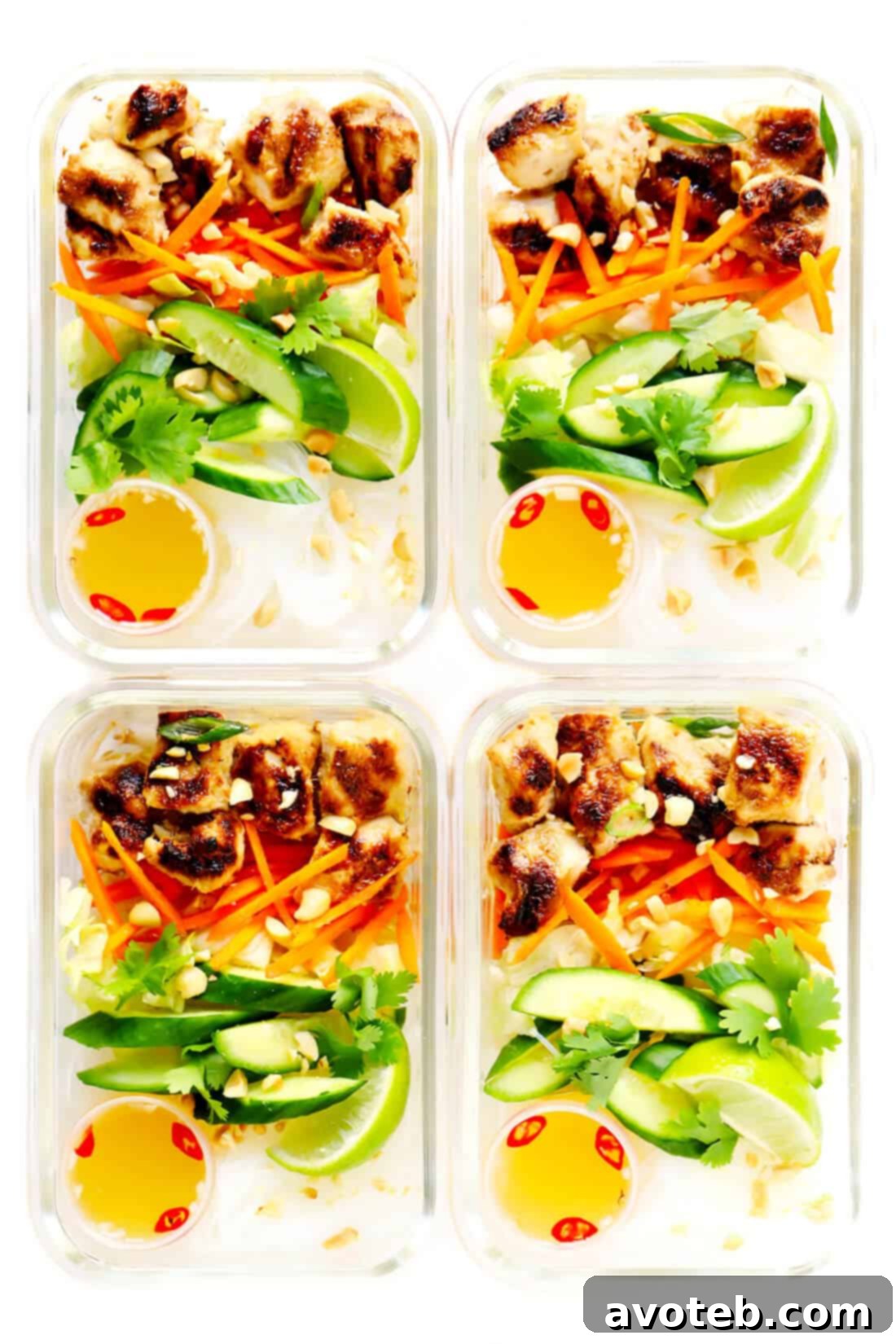Bun Meal Prep: Individual meal prep containers filled with Vietnamese Chicken Noodle Bowls, demonstrating how to organize components for freshness and convenience throughout the week.