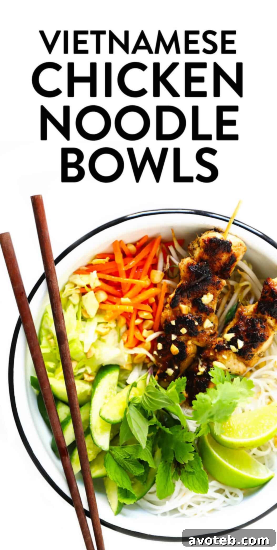Vietnamese Chicken Noodle Bowl Recipe: A beautifully presented individual serving, highlighting the rich colors and textures of the chicken, fresh vegetables, herbs, and noodles, ready to be dressed and enjoyed.