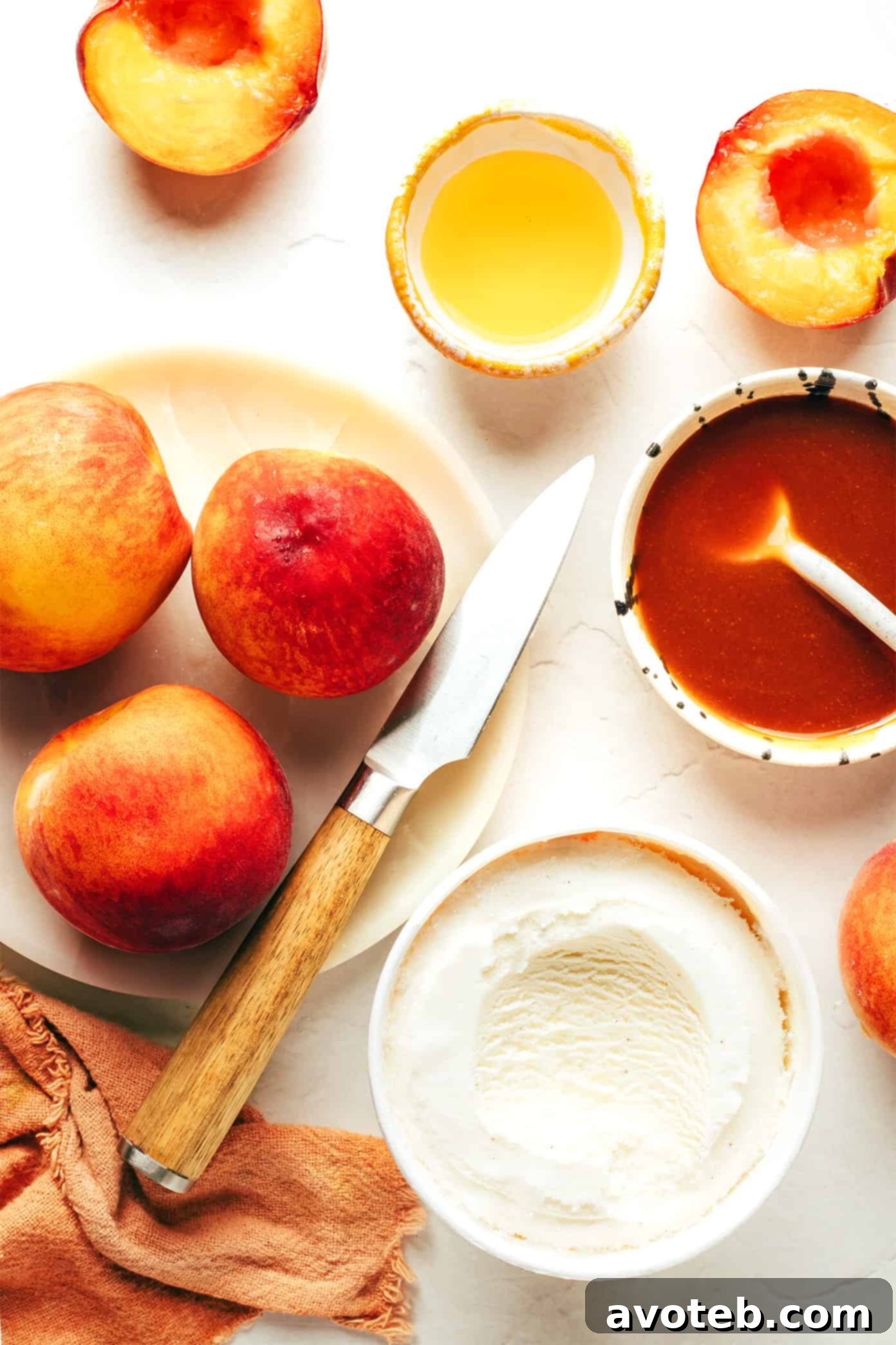 Closeup of fresh peaches being prepared for grilling