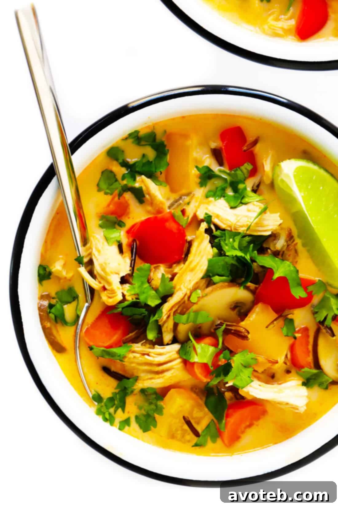 Thai Red Curry Chicken Wild Rice Soup: A hearty, gluten-free, and healthy recipe for dinner, featuring tender chicken, wild rice, and a rich, creamy Thai red curry broth, ready for meal prep.