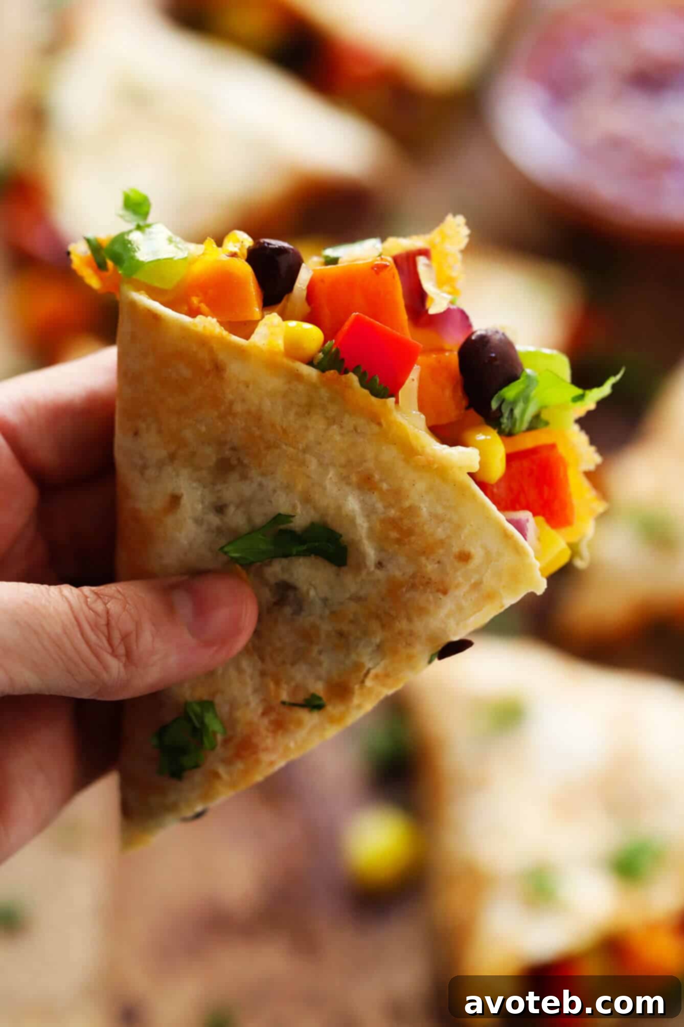 This easy veggie quesadilla recipe is 100% customizable with whatever veggies you have on hand. Feel free to add in an extra protein (such as chicken, beef or shrimp) if you'd like, and use whatever kind of tortillas and cheese you prefer. | gimmesomeoven.com #quesadilla #vegetarian #veggie #dinner #healthy #mexican #mealprep #freezermeal Close-up of a perfectly cooked vegetarian quesadilla on a plate with fresh ingredients