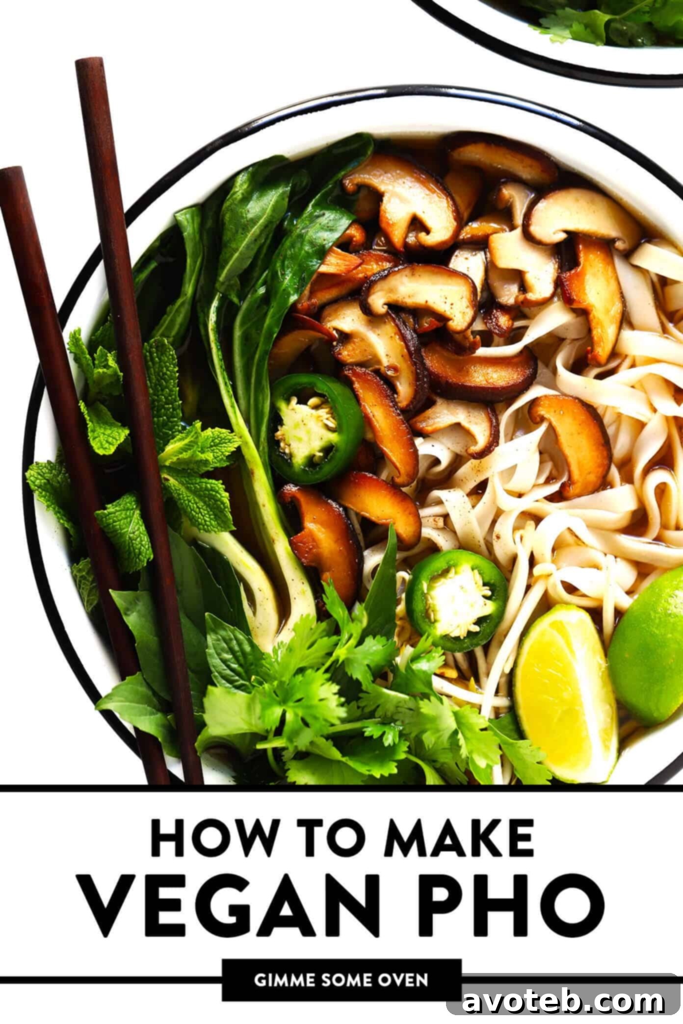 A beautifully presented bowl of vegetarian pho with vibrant colors and fresh garnishes