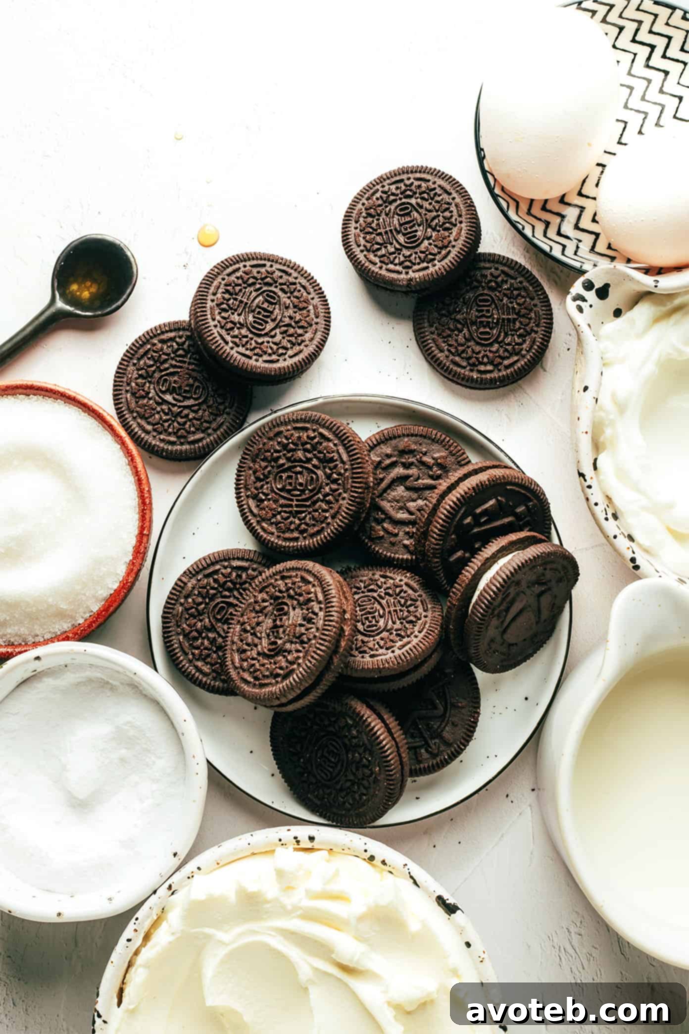 Ingredients for Mini Oreo Cheesecakes laid out