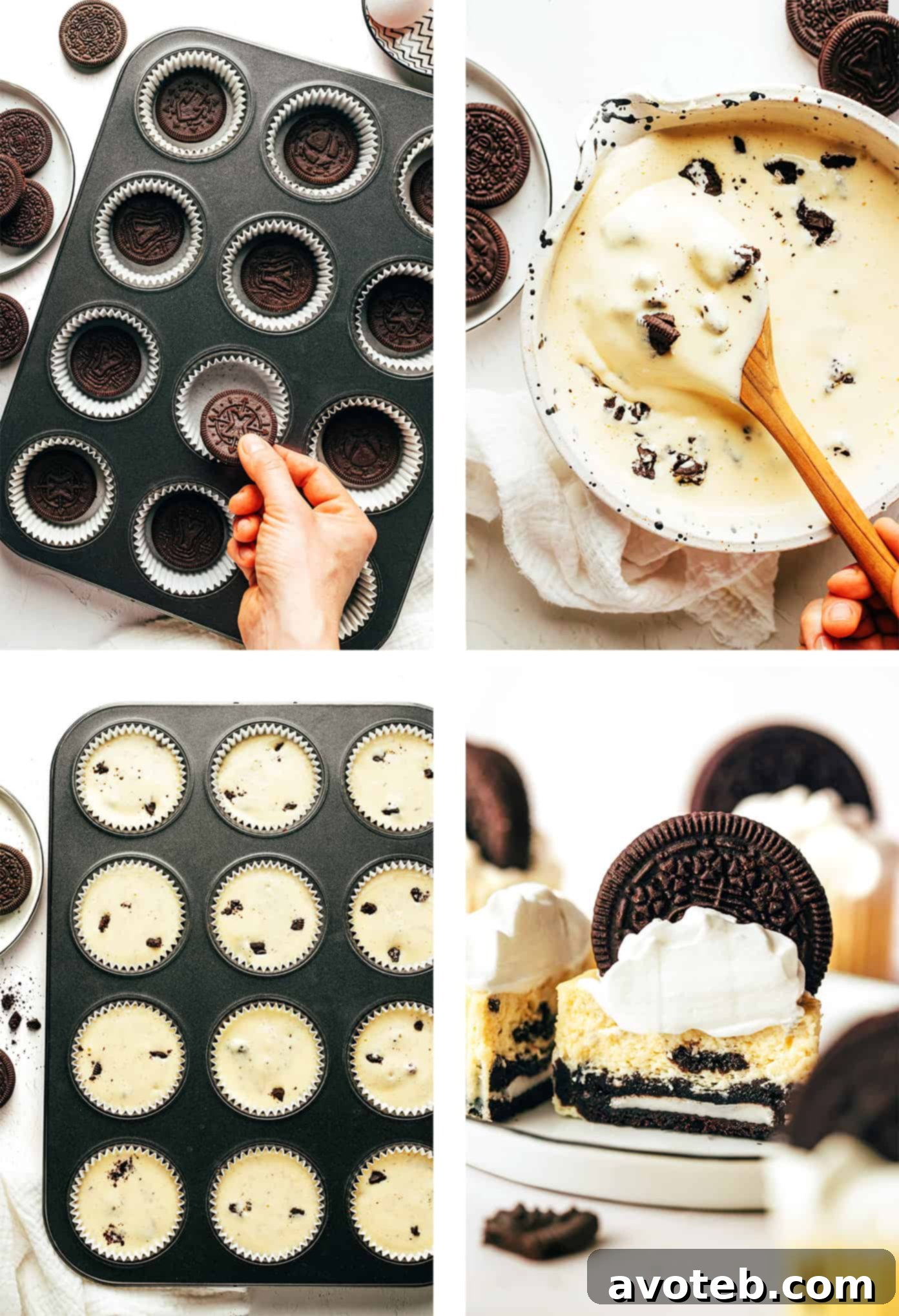 Step-by-step photos showing the process of making mini cheesecakes