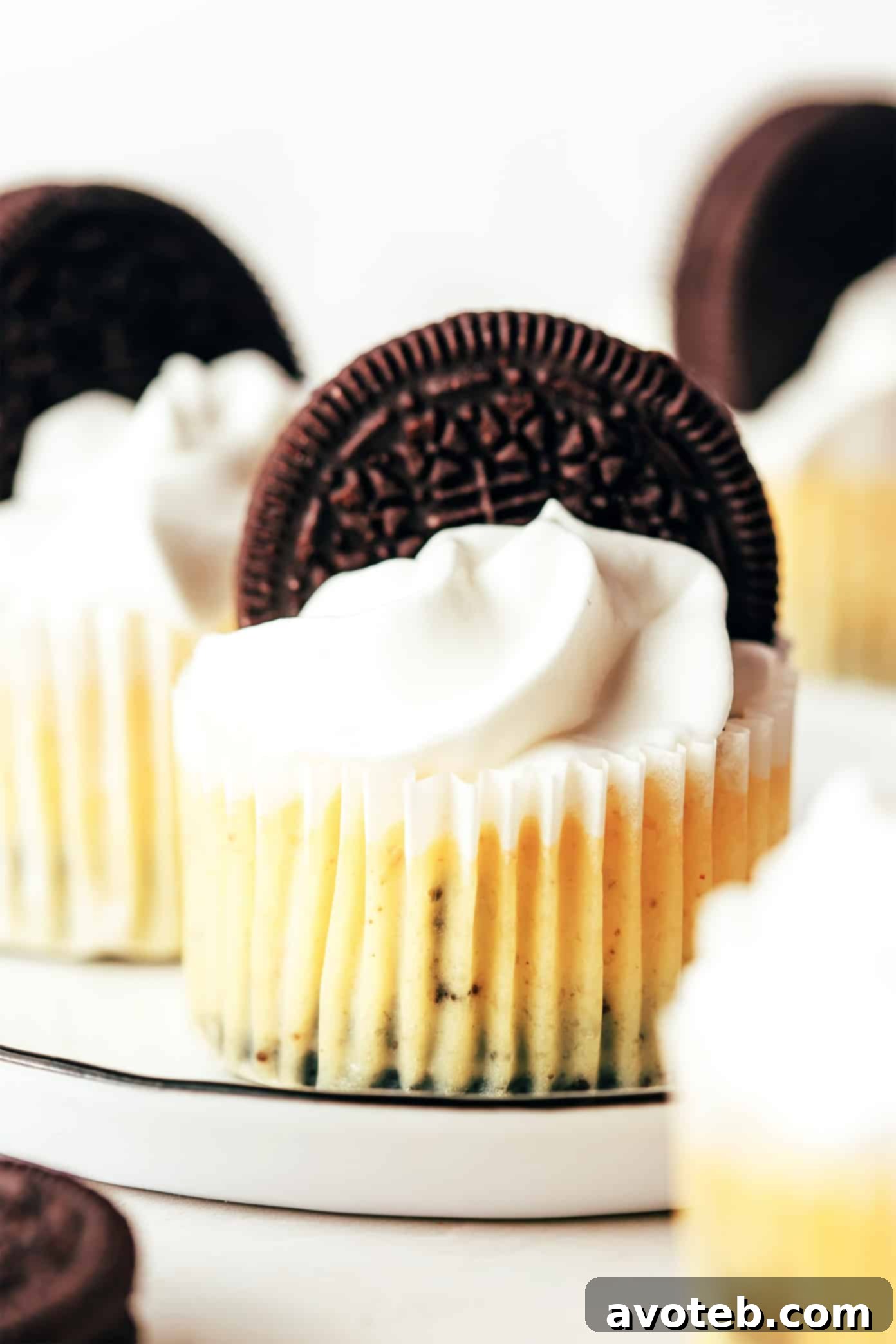 A close-up of a Mini Oreo Cheesecake with whipped cream and an Oreo piece