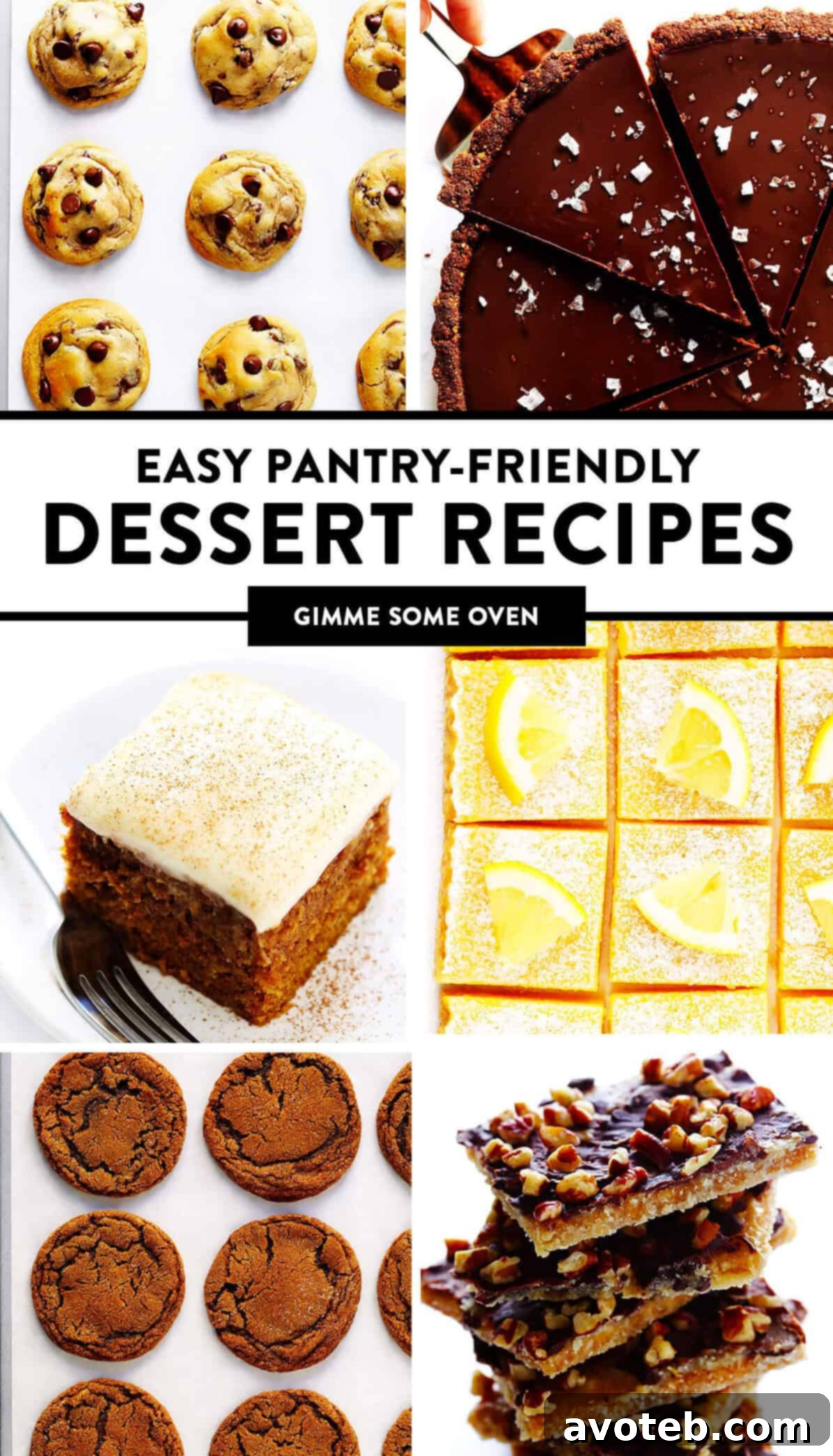Easy Pantry-Friendly Dessert Recipes - A collection of simple dessert ideas using pantry staples, including cookies, cakes, bars, and tarts. Tips for storage, freezing, and ingredient substitutions available on gimmesomeoven.com.