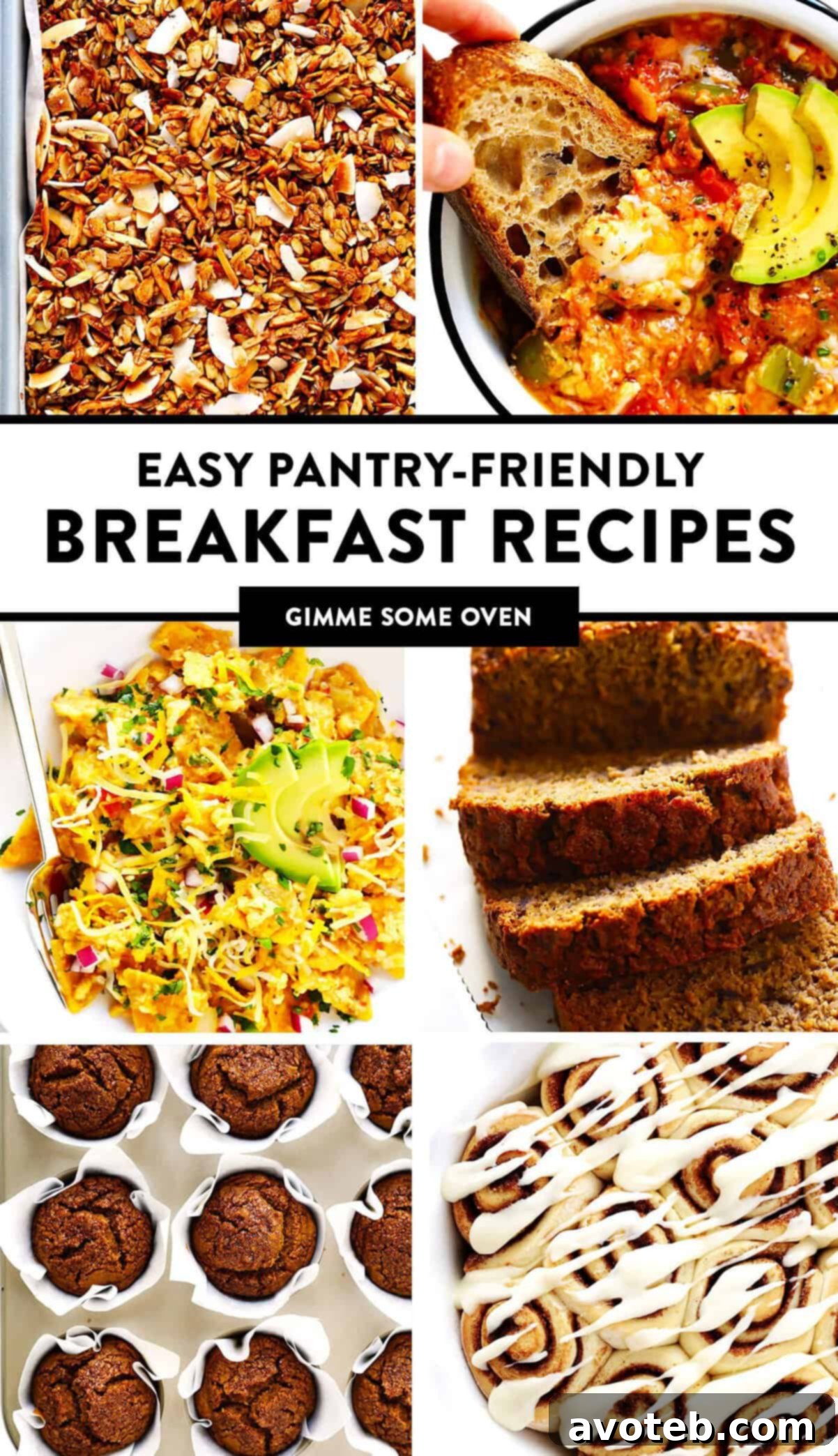 Easy Pantry-Friendly Breakfast Recipes - A collection of simple breakfast ideas using pantry staples, including muffins, breads, cinnamon rolls, breakfast tacos, granola, and more. Tips for freezing and ingredient substitutions available on gimmesomeoven.com.