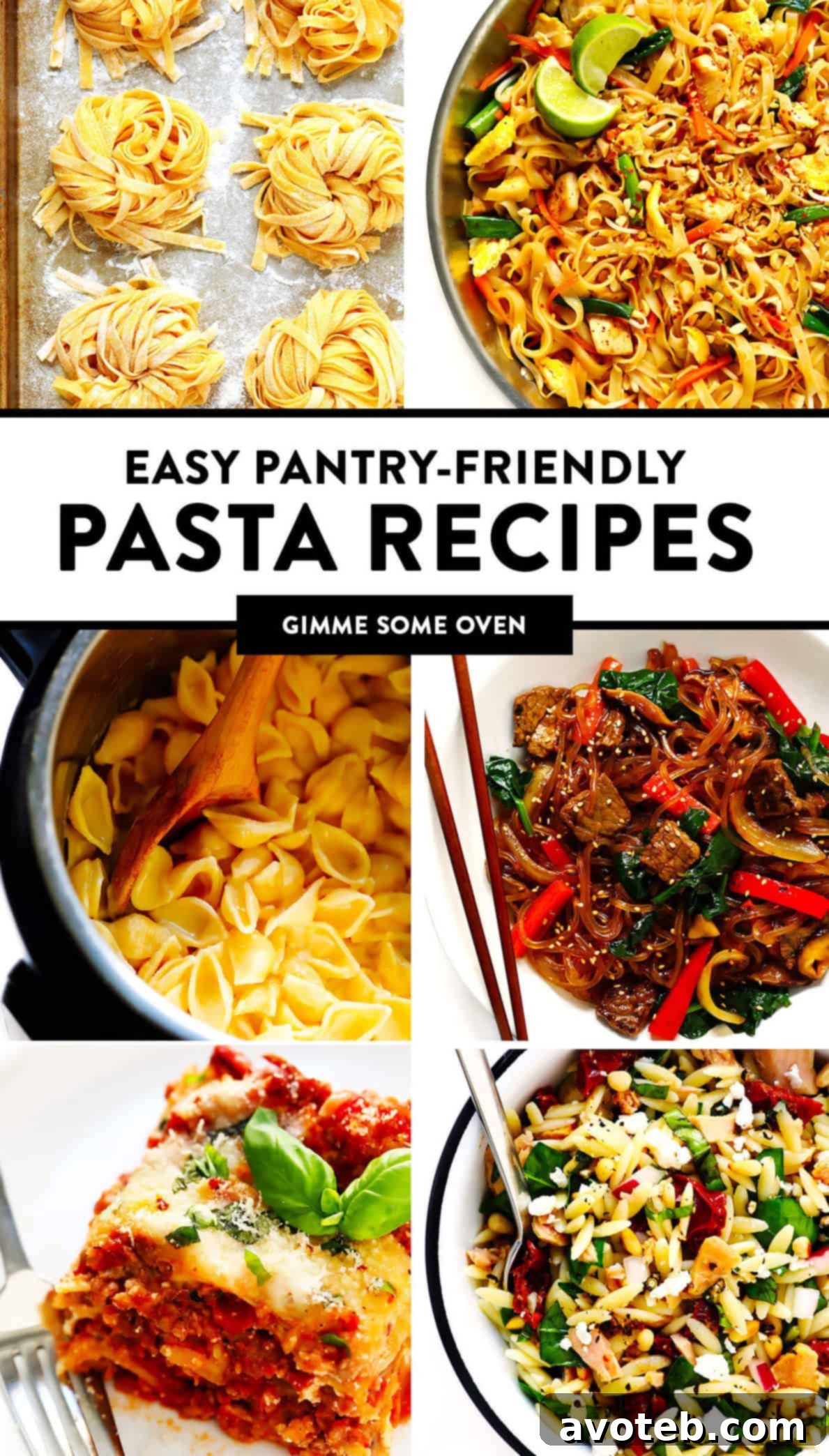 Easy Pantry-Friendly Pasta Recipes - A collection of simple pasta and noodle dishes, including homemade pasta, gnocchi, mac and cheese, lasagna, stir-fries, and pasta salads. Tips for storage, freezing, and ingredient substitutions available on gimmesomeoven.com.