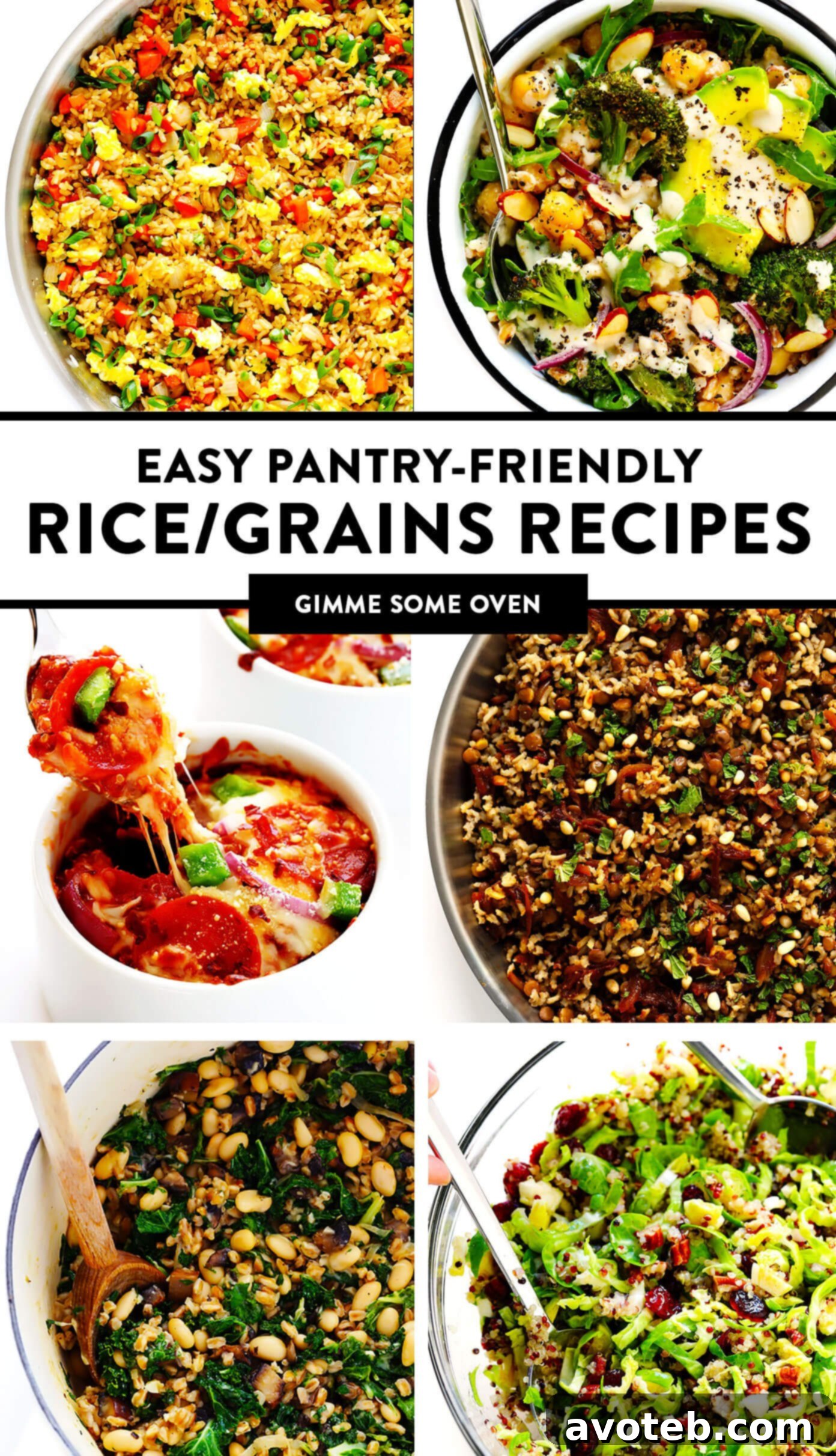 Easy Pantry-Friendly Rice, Grains and Quinoa Recipes - A collection of simple recipes using rice, grains, and quinoa, including fried rice, grain bowls, and mujadara. Tips for storage, freezing, and ingredient substitutions available on gimmesomeoven.com.