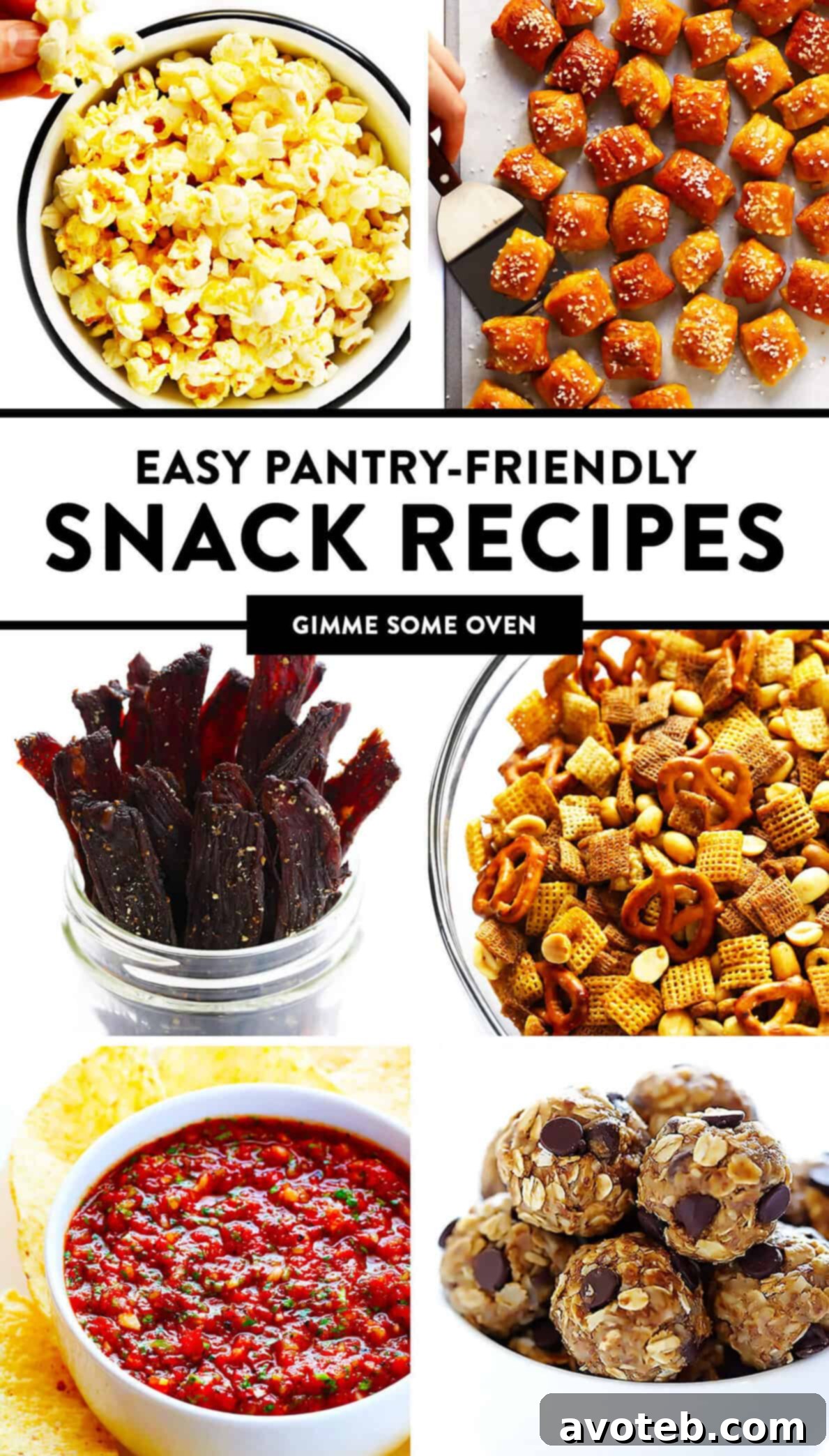 Pantry-Friendly Snack Recipes - A collection of easy snack ideas using pantry ingredients, including nooch popcorn, soft pretzel bites, beef jerky, chex mix, energy bites, and salsa. Tips for storage and ingredient substitutions available on gimmesomeoven.com.