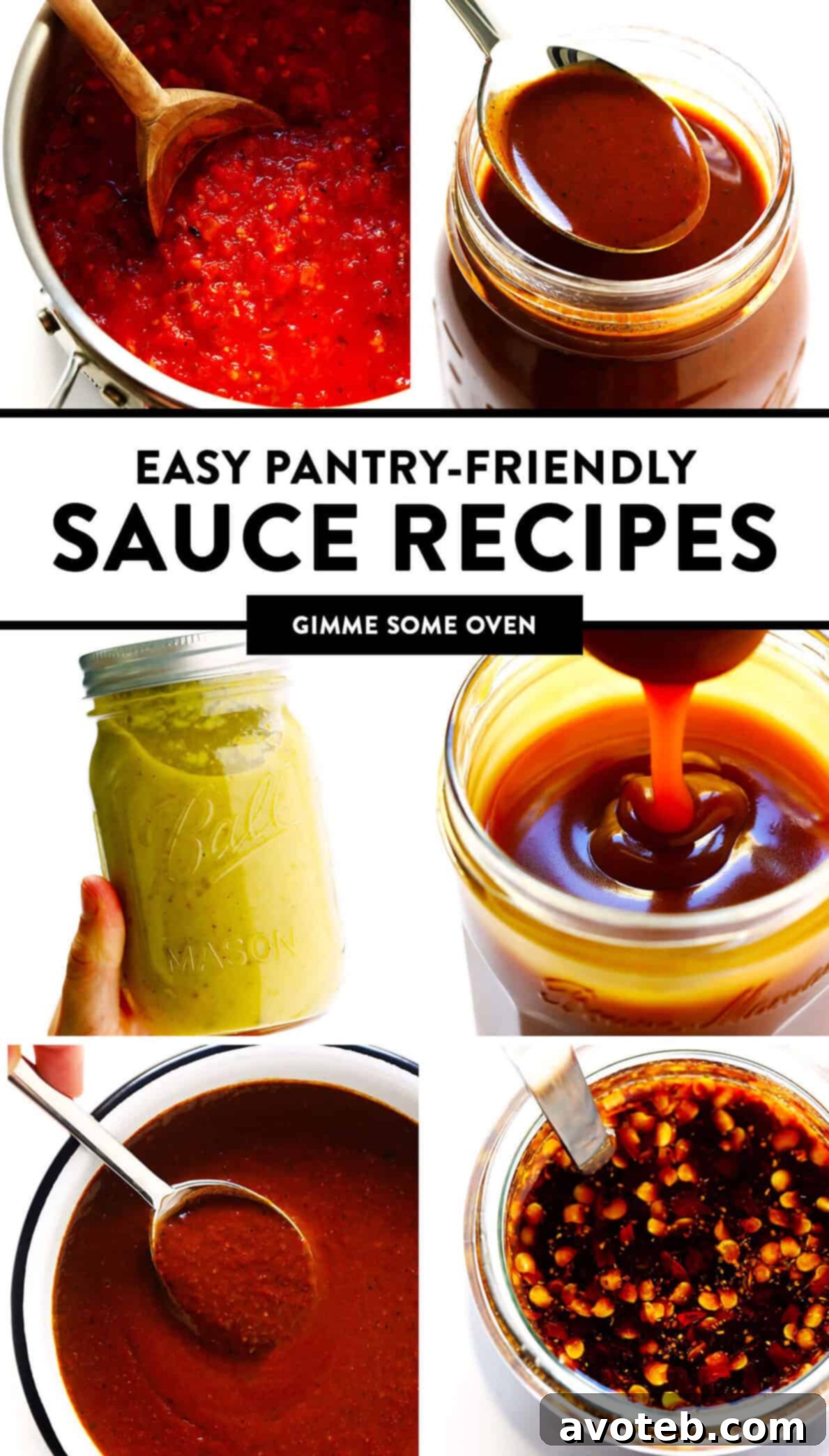 Easy Pantry-Friendly Sauce Recipes - A collection of simple sauces using pantry ingredients, including marinara, enchilada sauce, stir-fry sauce, mole, and caramel sauce. Tips for storage, freezing, and ingredient substitutions available on gimmesomeoven.com.
