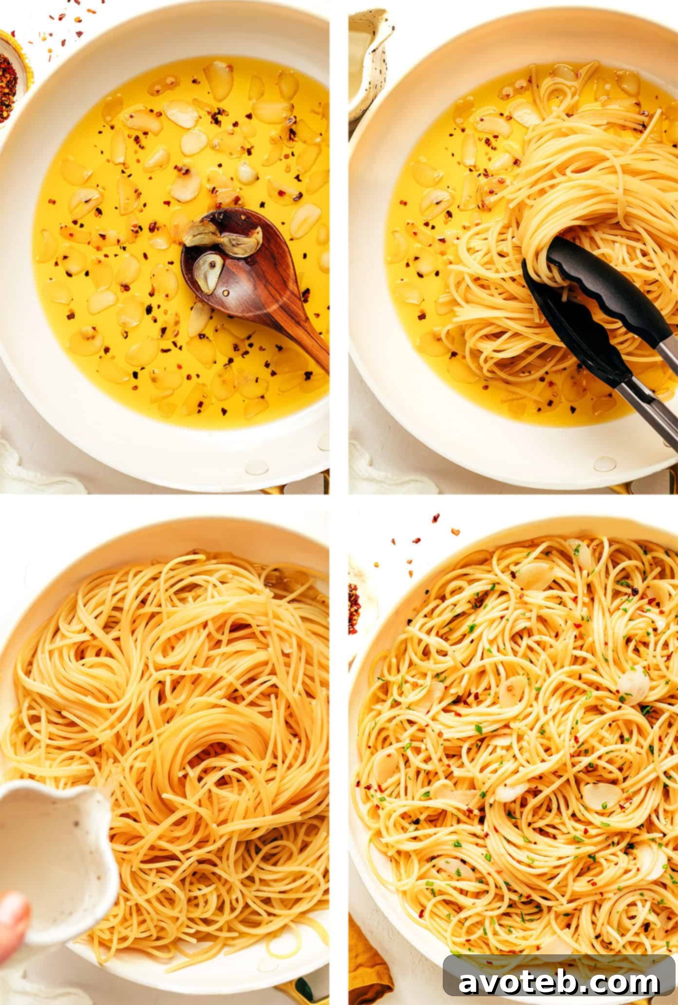 A flat lay photograph showcasing all the raw ingredients for Spaghetti Aglio e Olio, including pasta, garlic, olive oil, and chili flakes.