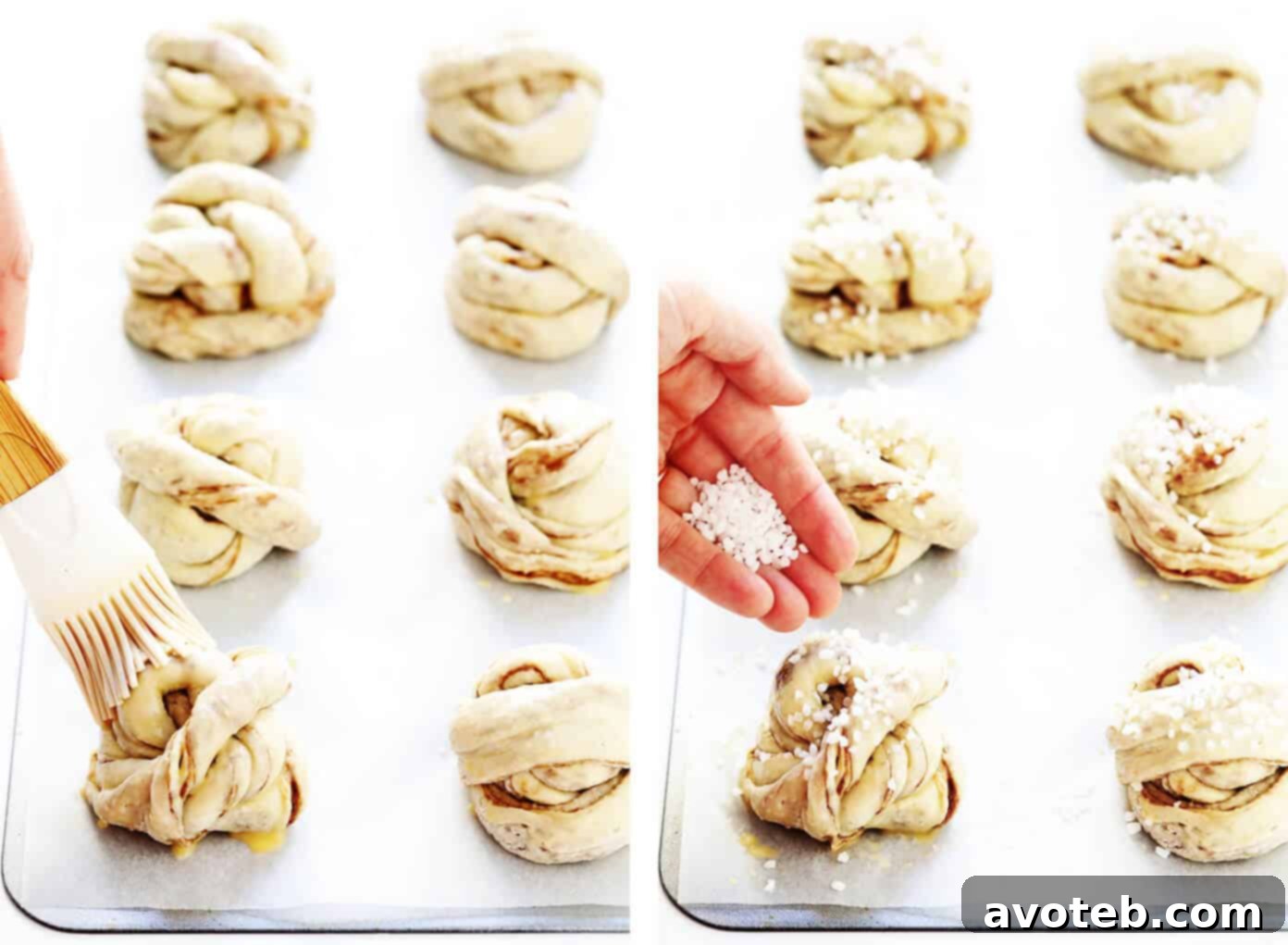 Sprinkling Pearl Sugar on Swedish Cinnamon Buns Before Baking
