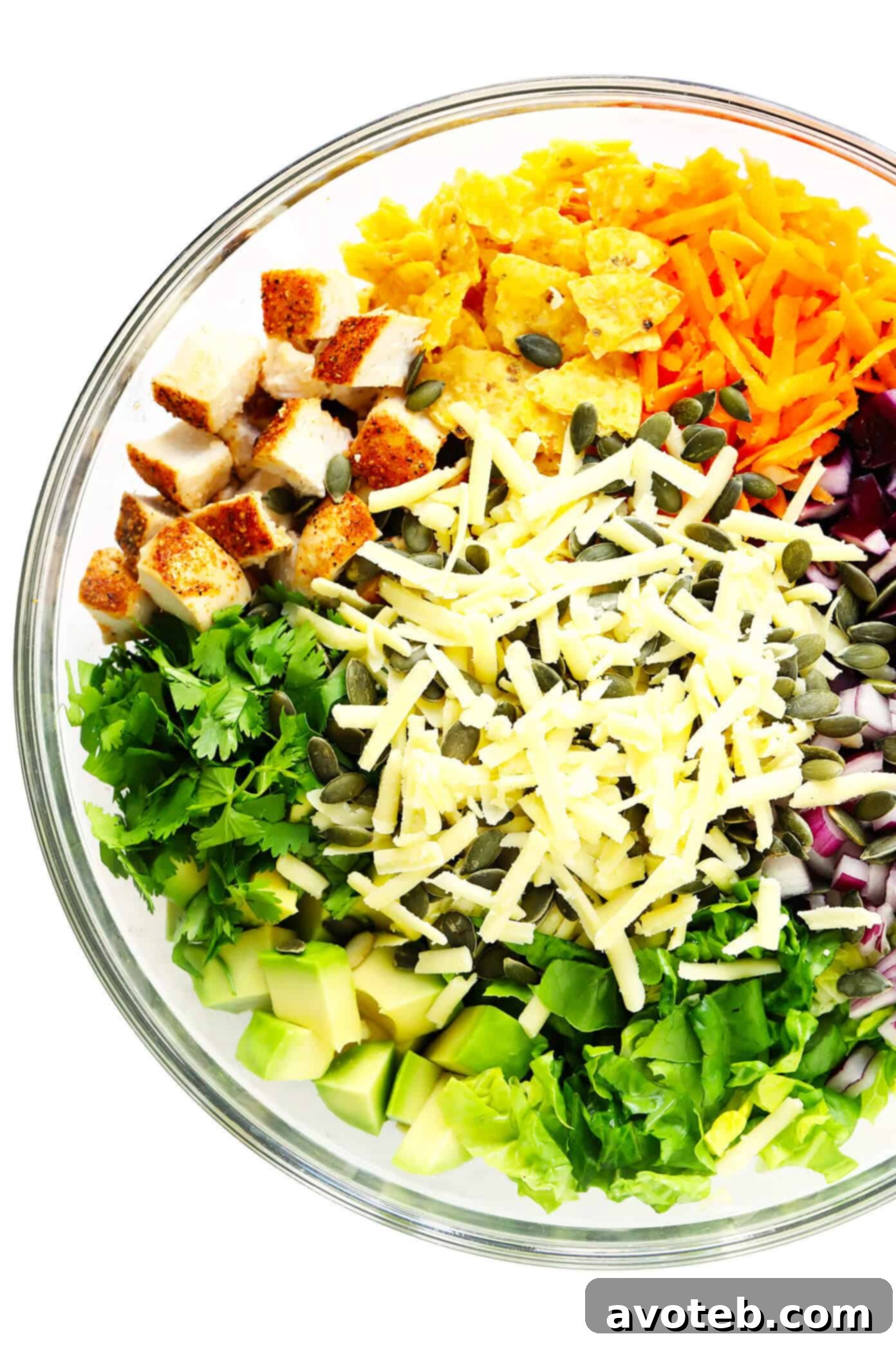Bowl of Ingredients for Chipotle Chopped Salad - Featuring chicken, tortilla chips, carrots, cabbage, red onion, romaine lettuce, cilantro, cheddar cheese, and pepitas.