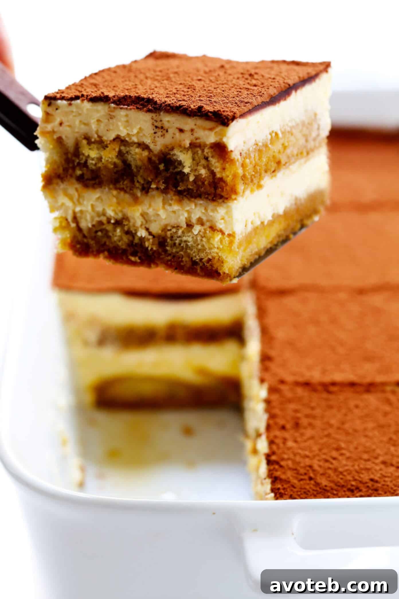 Classic Italian tiramisu with espresso-soaked ladyfingers and creamy mascarpone filling, garnished with cocoa powder