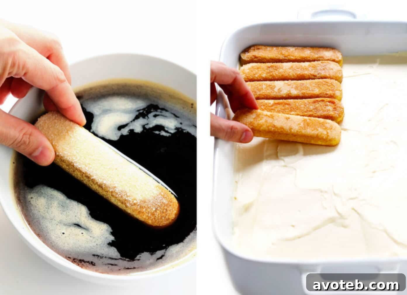 Dipping crisp ladyfingers into freshly brewed espresso, preparing them for the tiramisu layers