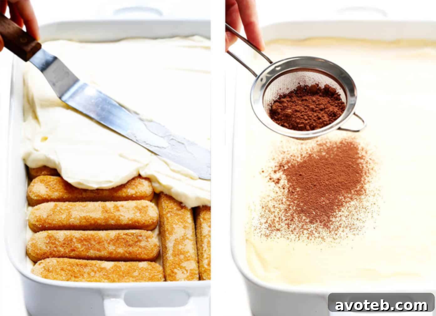 Spreading smooth mascarpone filling evenly over a layer of espresso-soaked ladyfingers in a baking dish, then dusting with cocoa powder