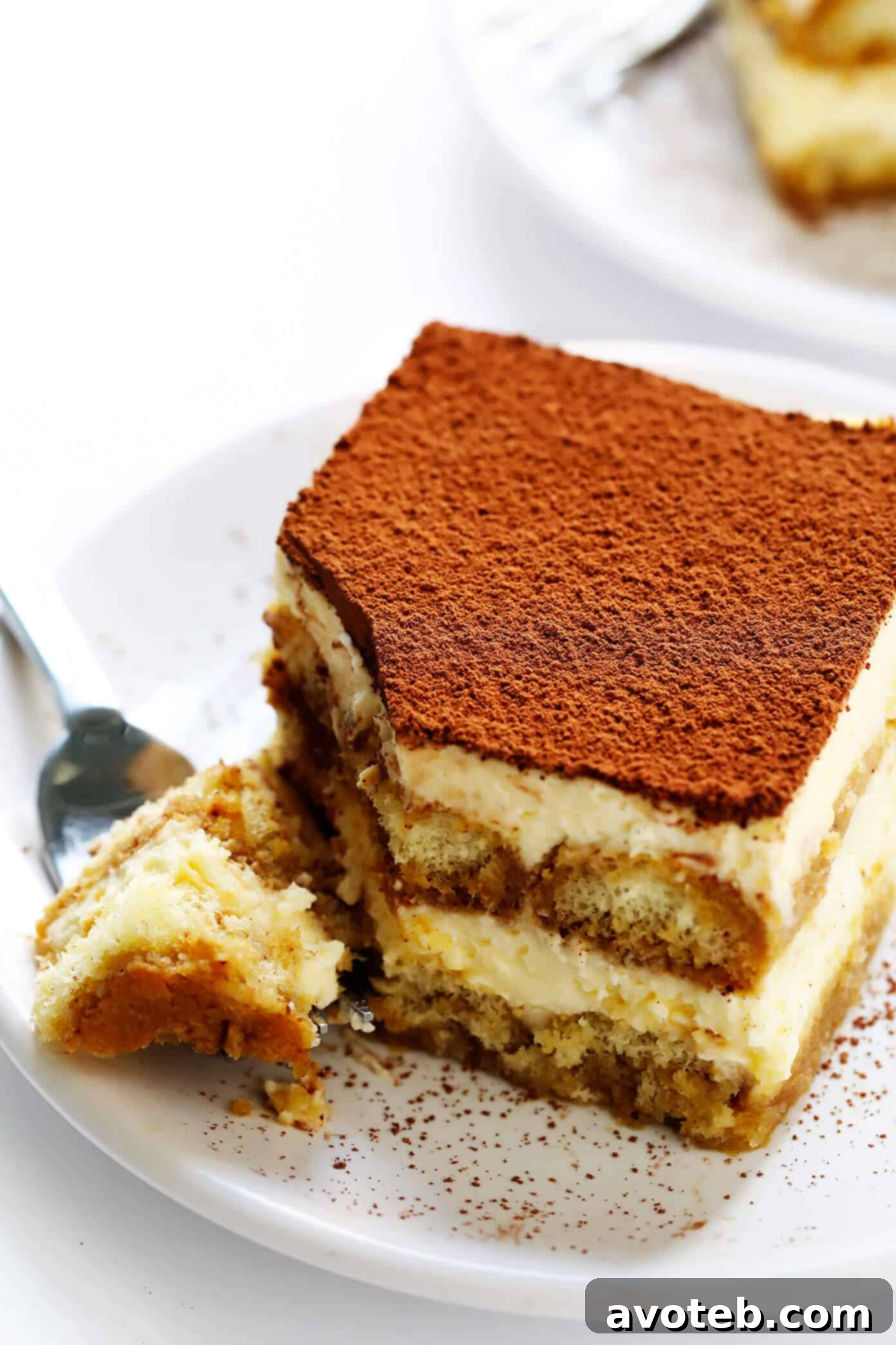 Elegant serving of Italian tiramisu on a plate, dusted with cocoa powder and ready to be enjoyed